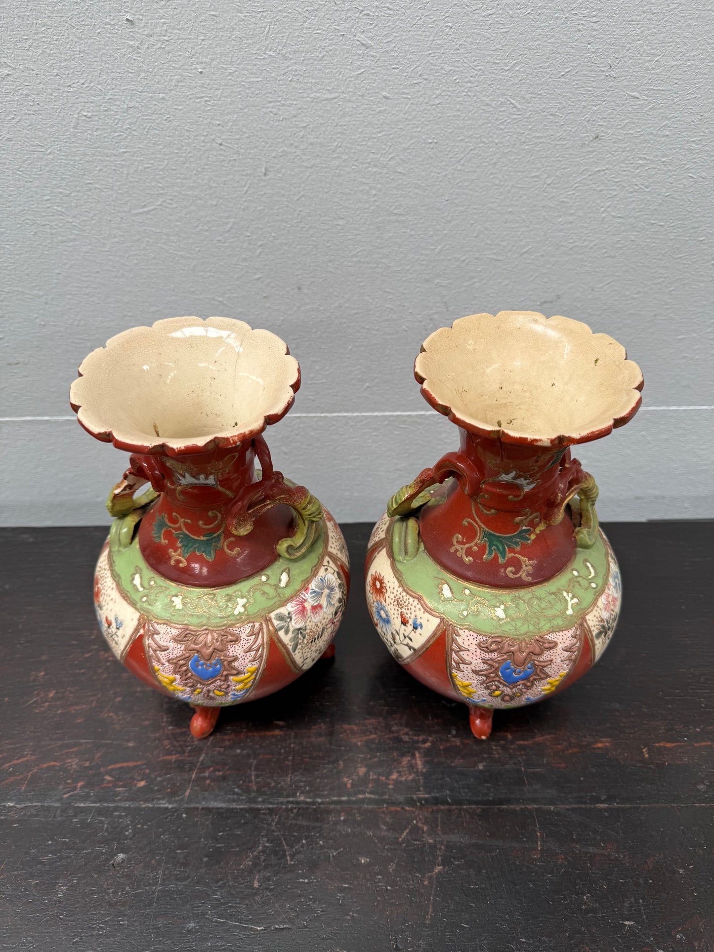 Pair Antique Satsuma Hand Painted Vases (1 a/f)