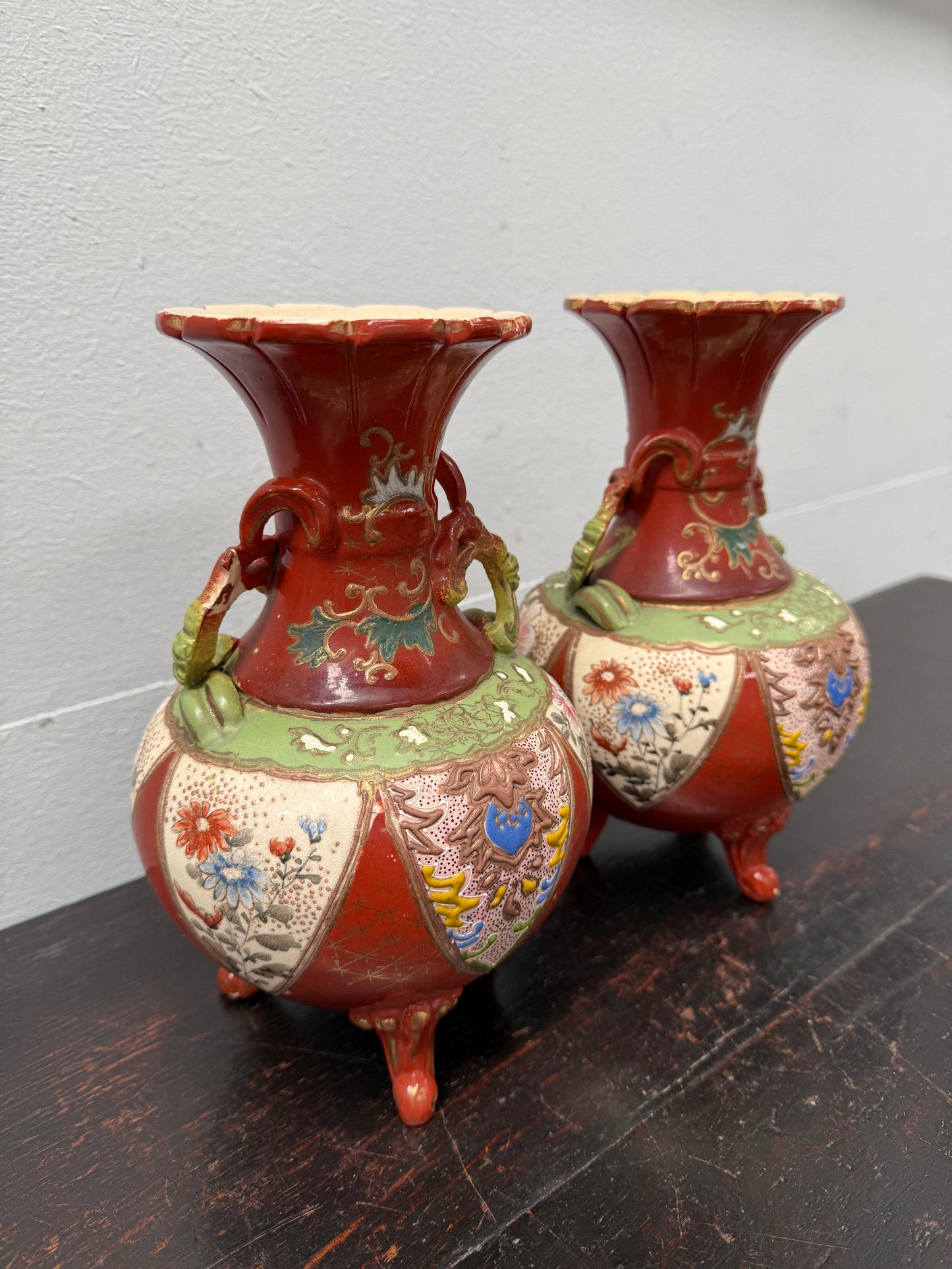 Pair Antique Satsuma Hand Painted Vases (1 a/f)