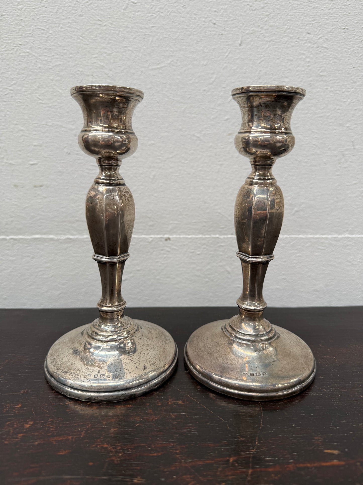 Pair Sterling Silver Birmingham Art Deco Style Candlesticks
