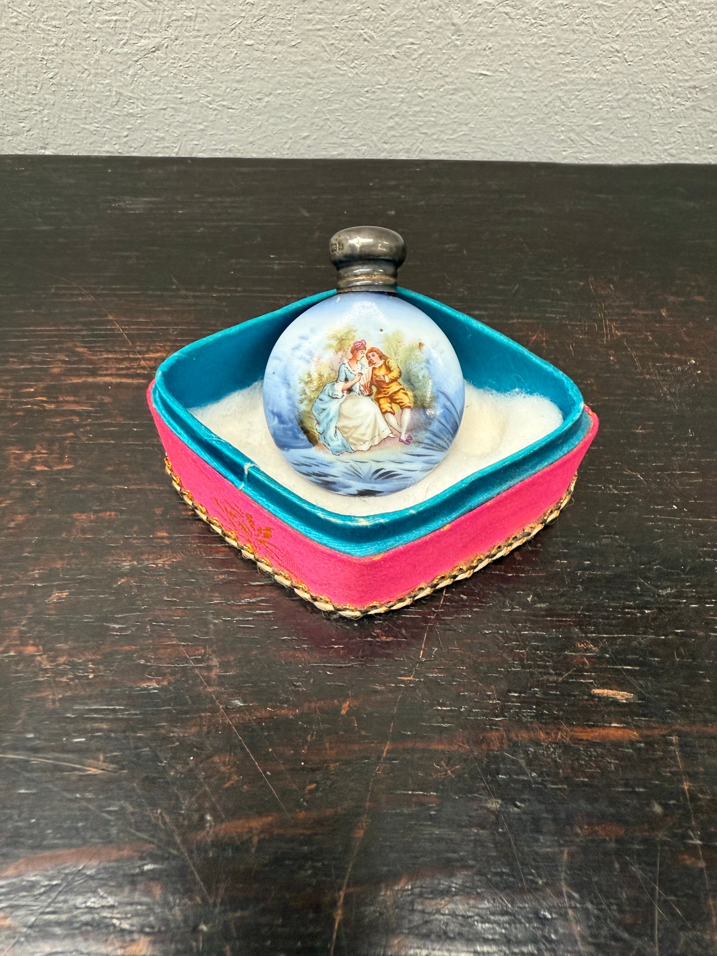 Superb Edwardian Silver Top Hand Painted Perfume Bottle