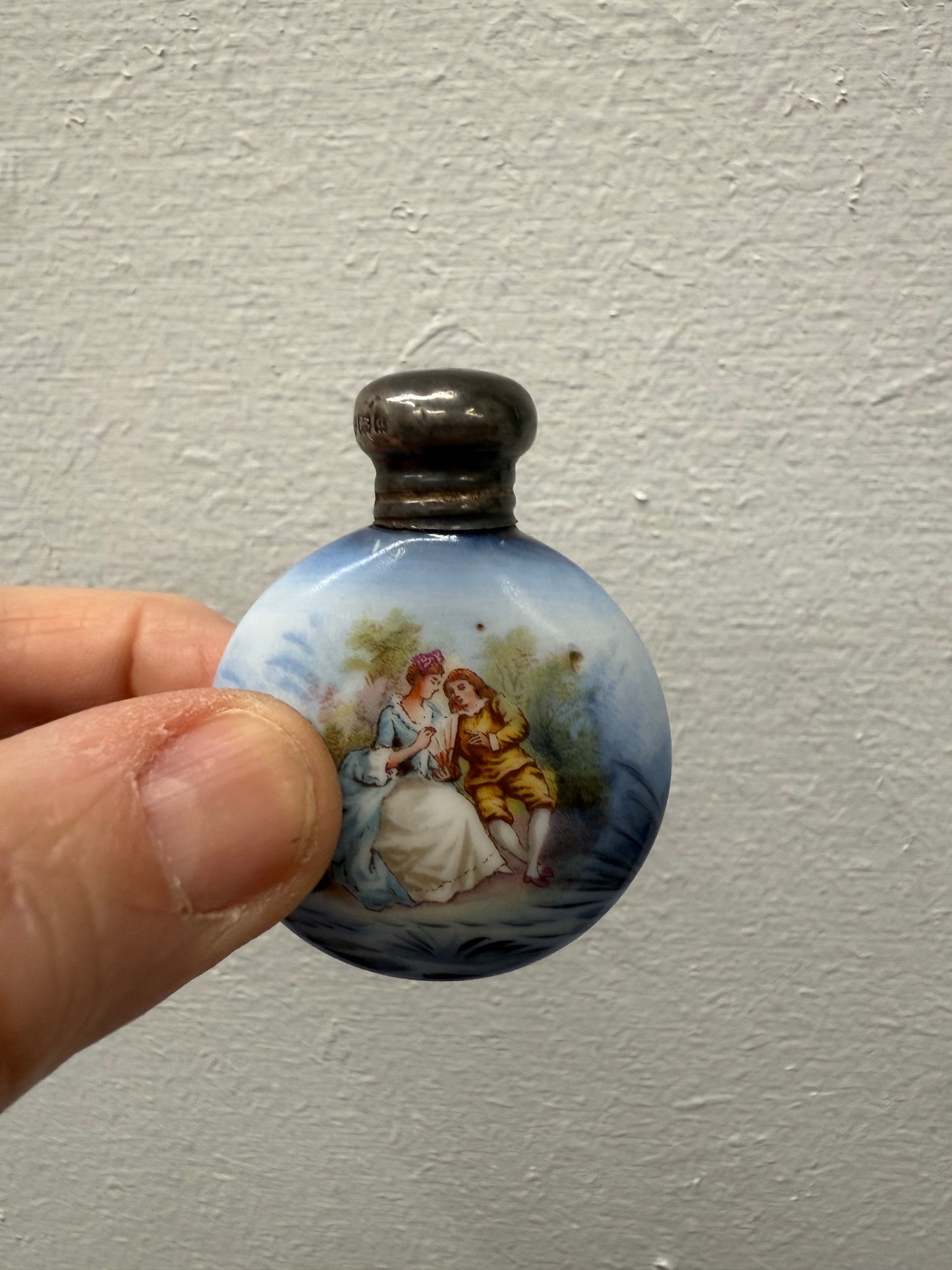 Superb Edwardian Silver Top Hand Painted Perfume Bottle