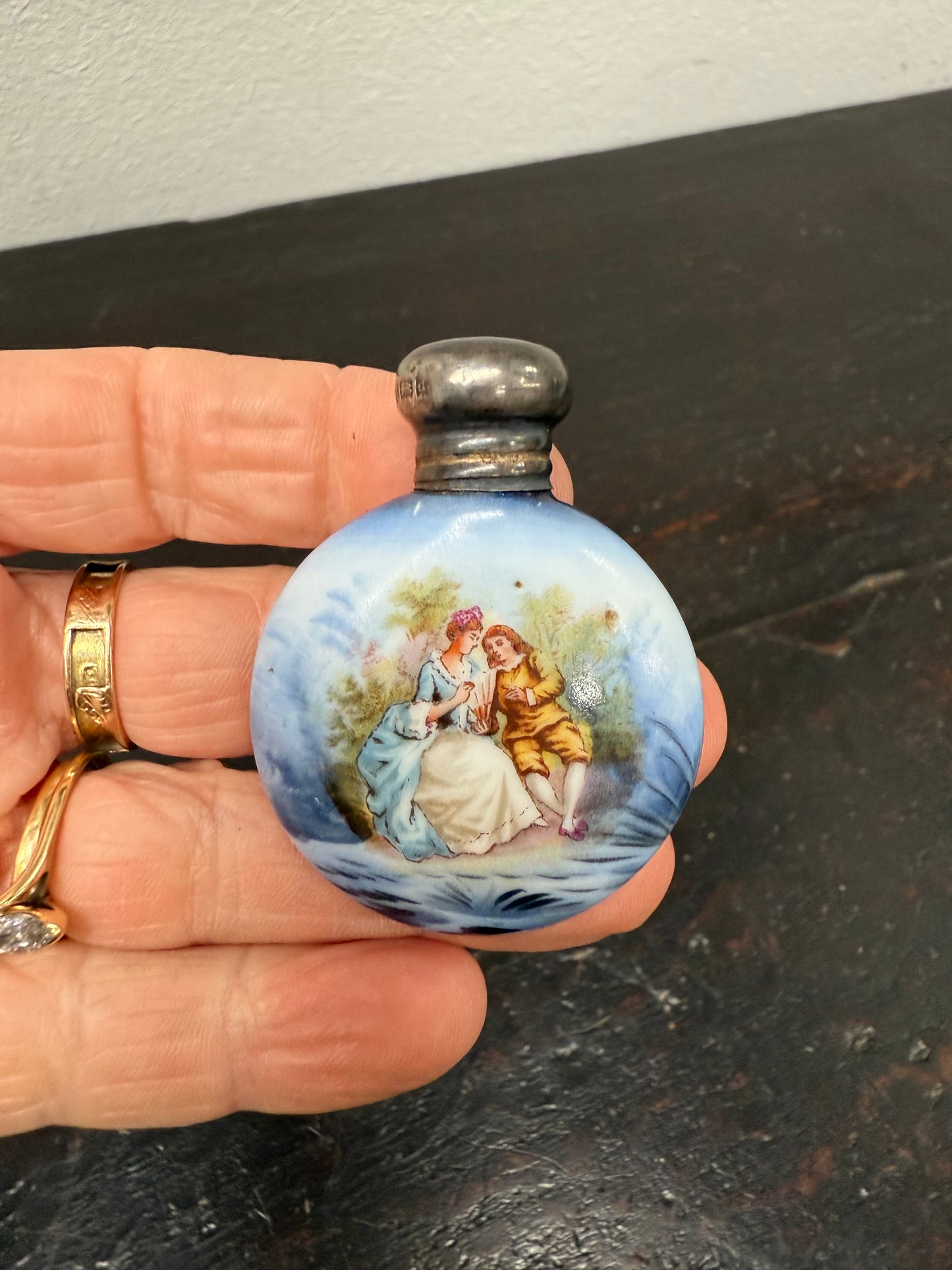 Superb Edwardian Silver Top Hand Painted Perfume Bottle