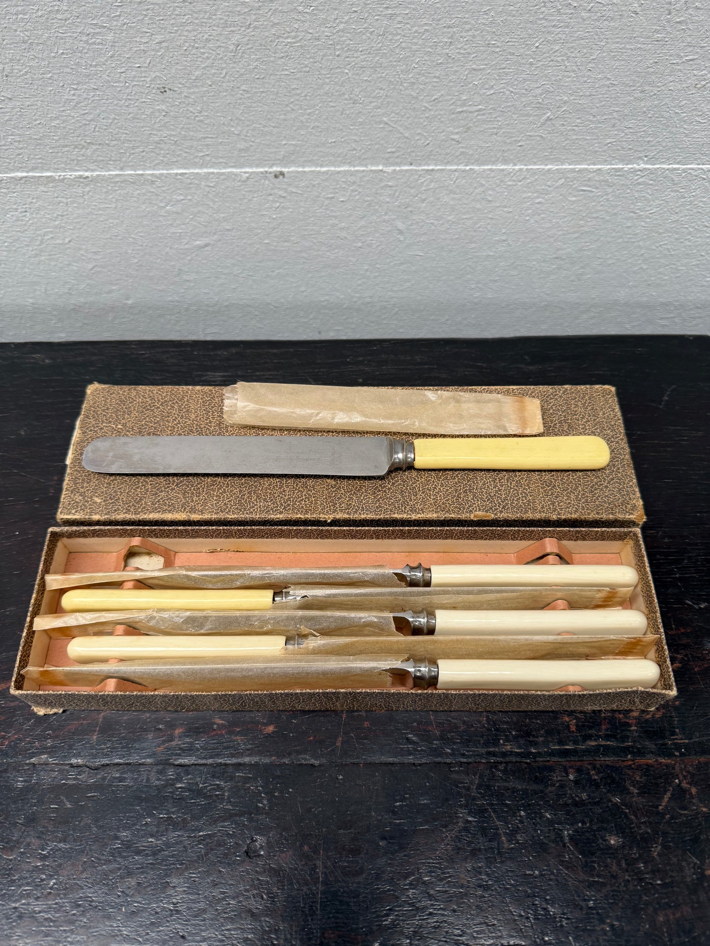 Antique Set 6 Bone Handled Knives In Original Box