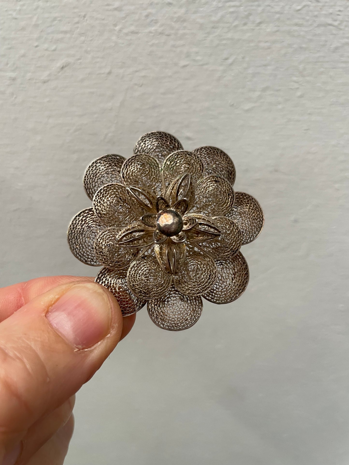 Vintage Silver Filigree Flower Brooch