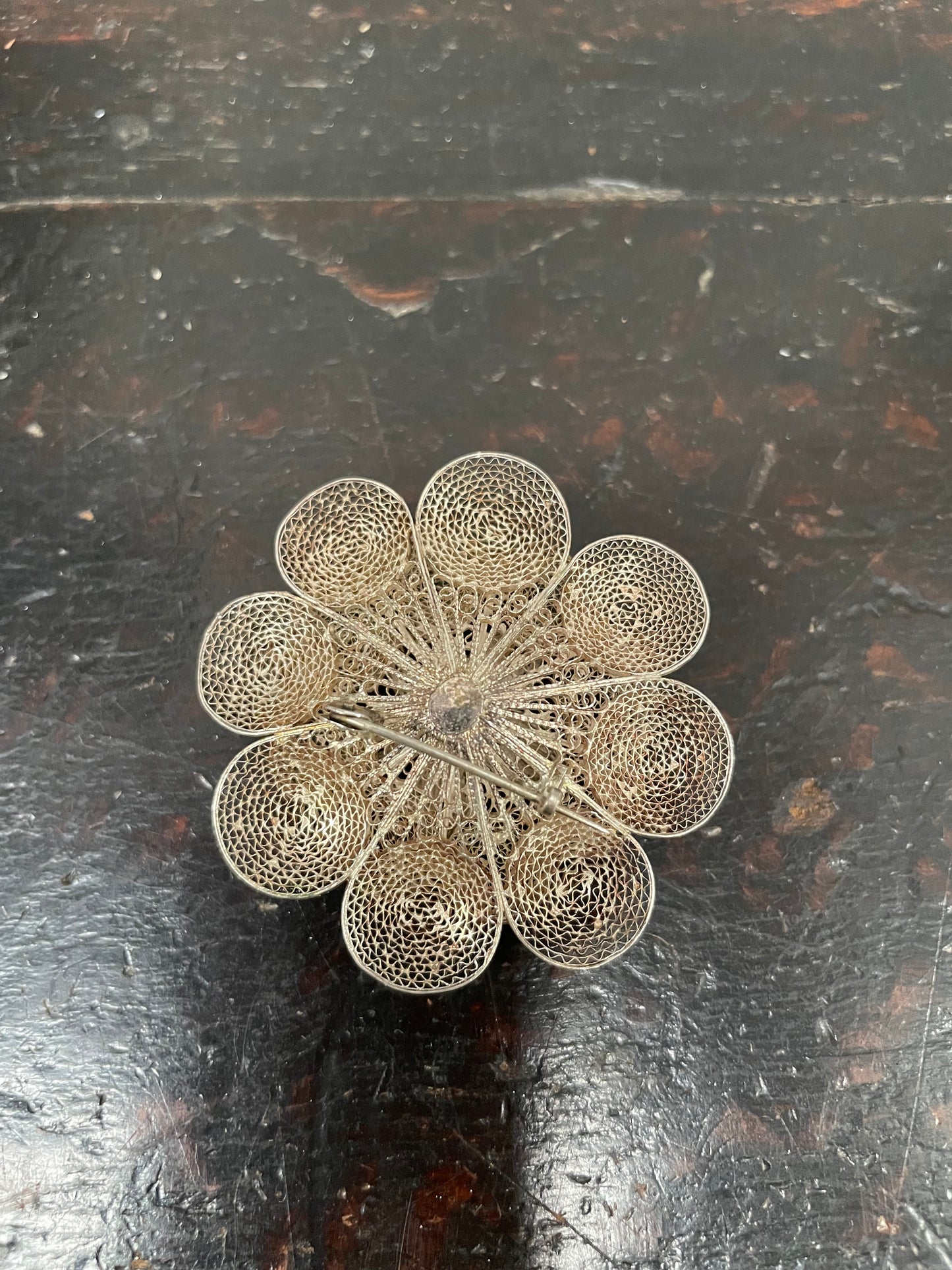 Vintage Silver Filigree Flower Brooch