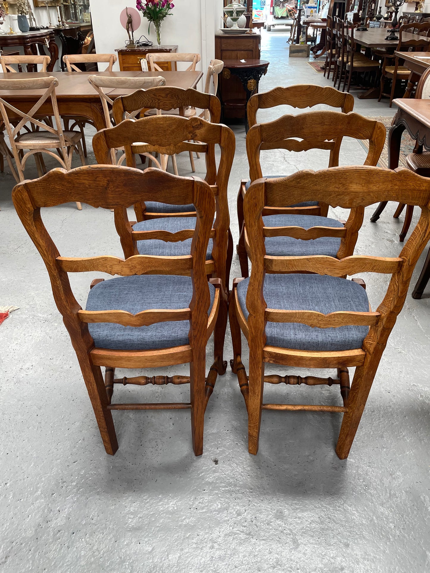 Set of Six French Oak Upholstered Dining Chairs
