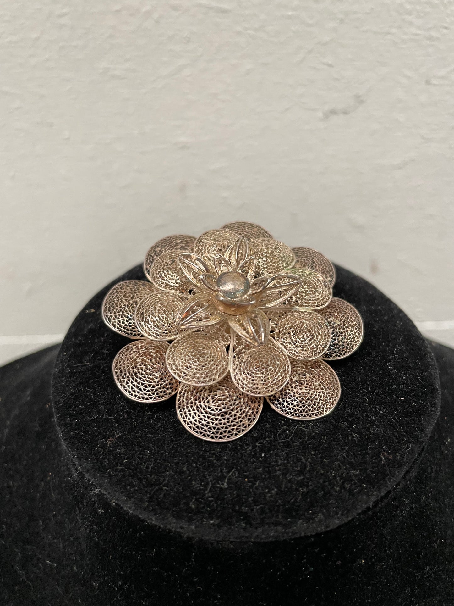 Vintage Silver Filigree Flower Brooch