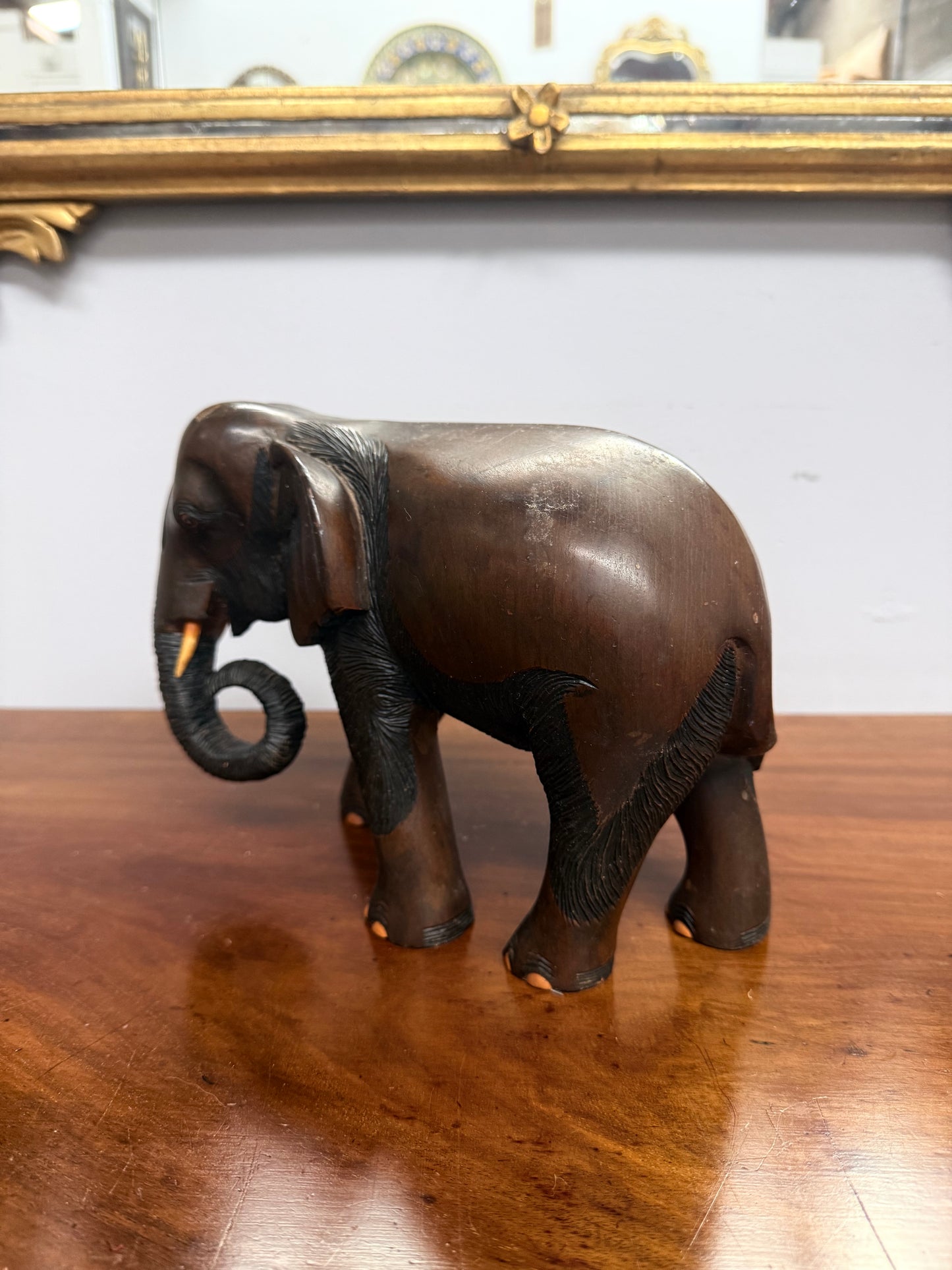 Vintage Carved Acacia Wood Elephant Statue