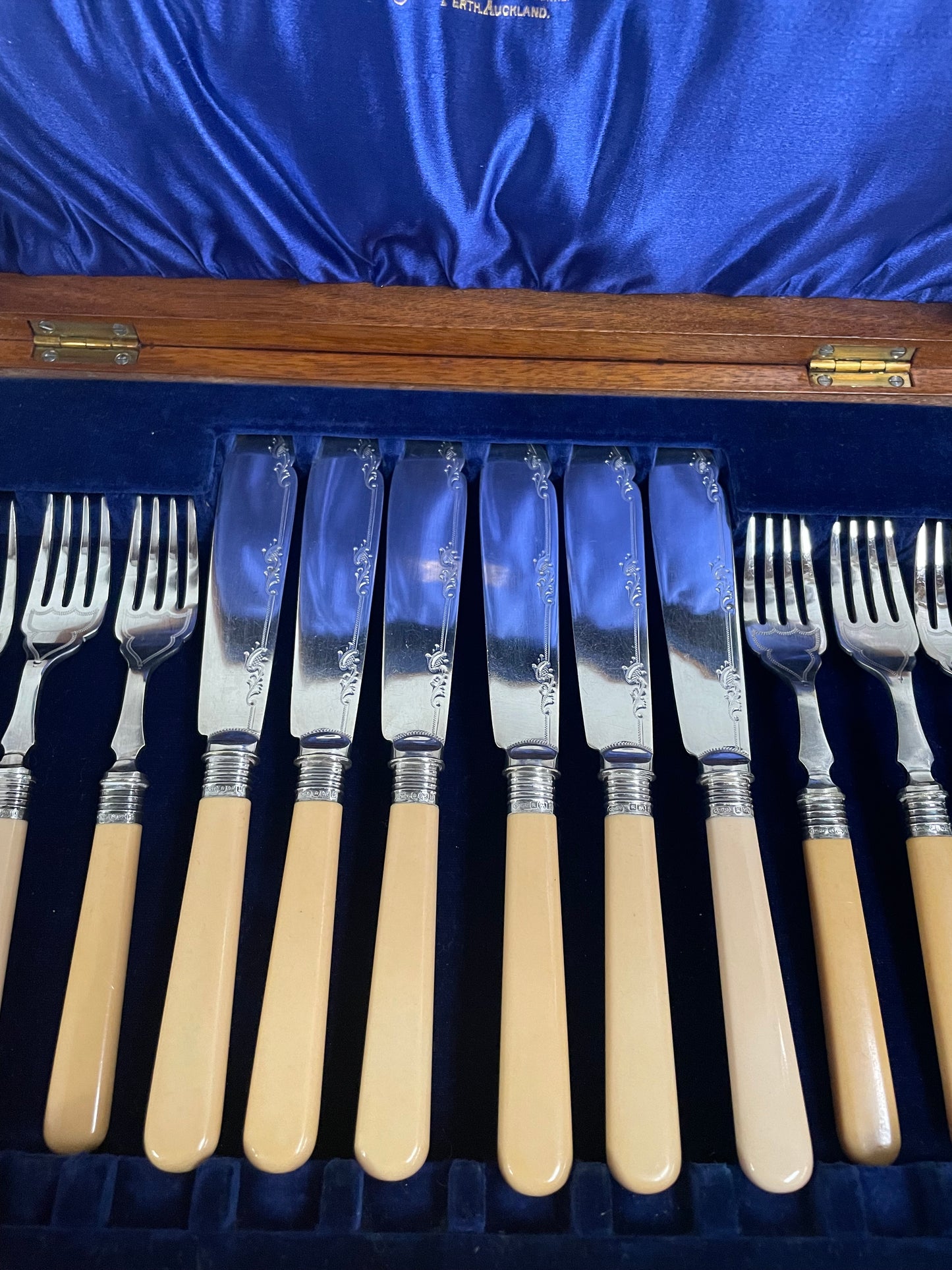 Antique Stewart Dawsons & Co Jewellers Cased Set of Bone Handled EPNS Fish Knives & Forks