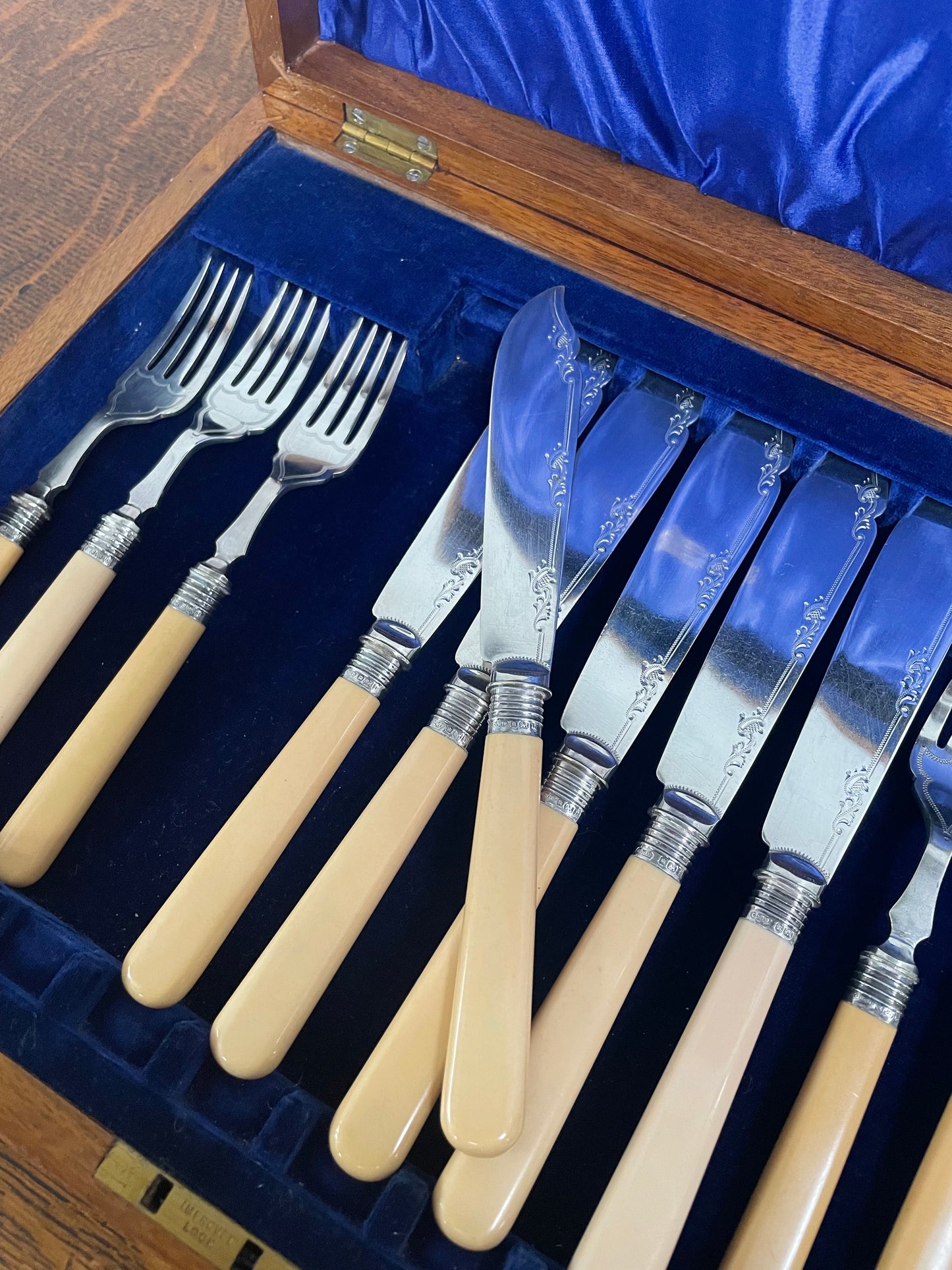 Antique Stewart Dawsons & Co Jewellers Cased Set of Bone Handled EPNS Fish Knives & Forks