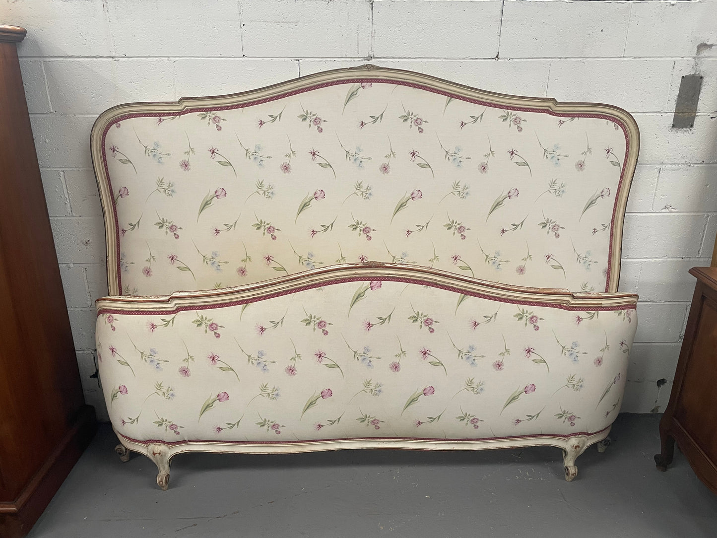 Queen size 19th Century Louis XV style hand painted upholstered bed. Sourced from France and comes with custom made slats.
