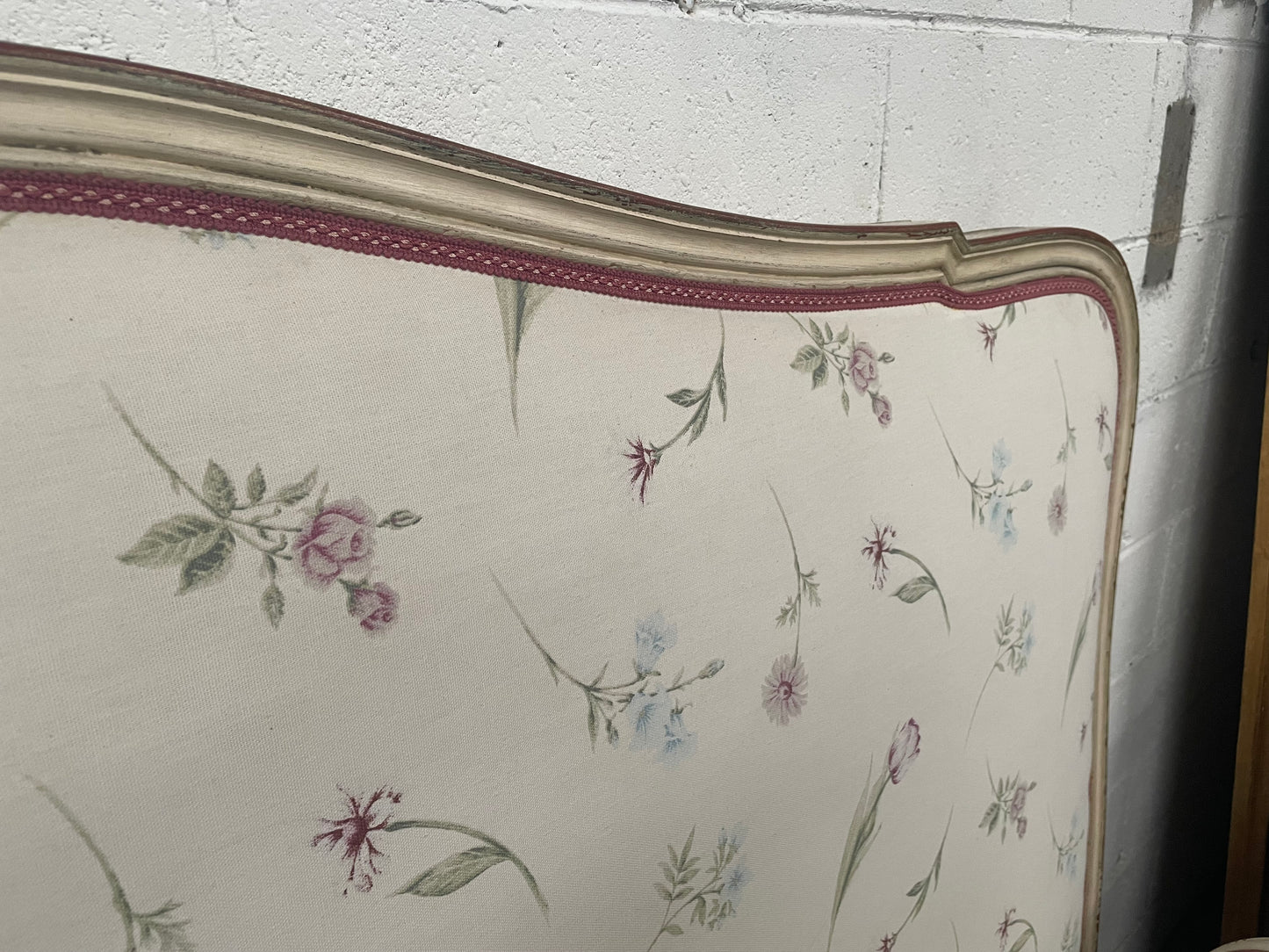 Queen size 19th Century Louis XV style hand painted upholstered bed. Sourced from France and comes with custom made slats.