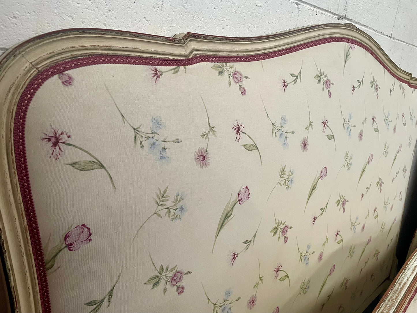 Queen size 19th Century Louis XV style hand painted upholstered bed. Sourced from France and comes with custom made slats.