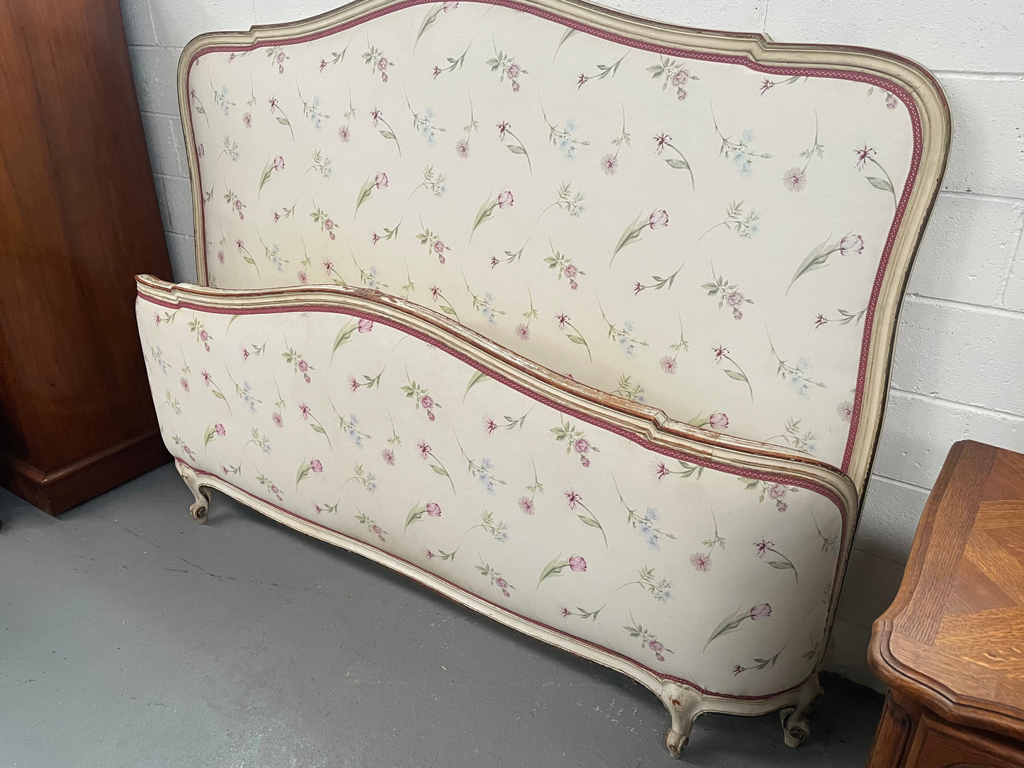 Queen size 19th Century Louis XV style hand painted upholstered bed. Sourced from France and comes with custom made slats.