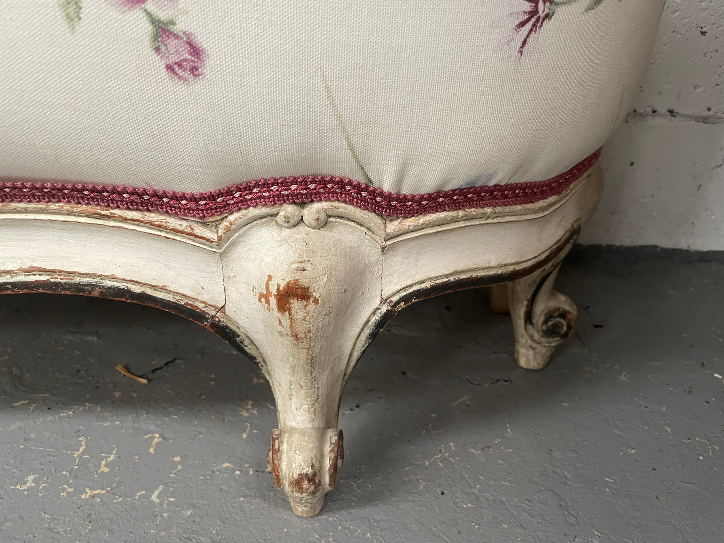 Queen size 19th Century Louis XV style hand painted upholstered bed. Sourced from France and comes with custom made slats.