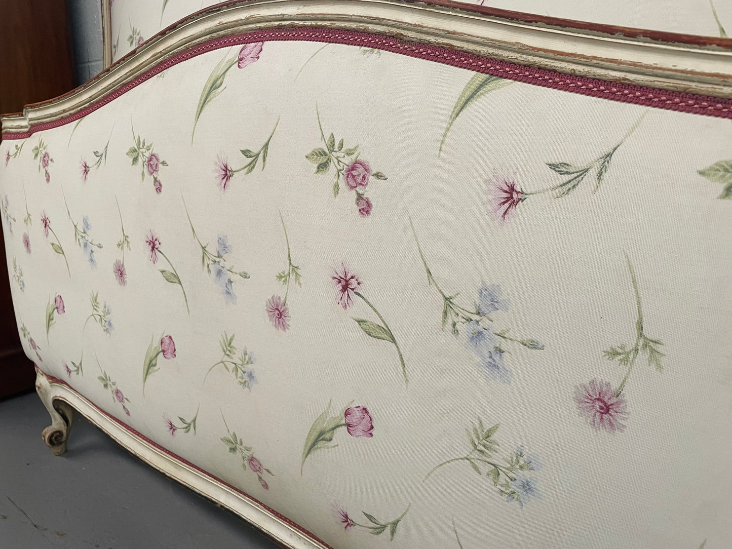 Queen size 19th Century Louis XV style hand painted upholstered bed. Sourced from France and comes with custom made slats.
