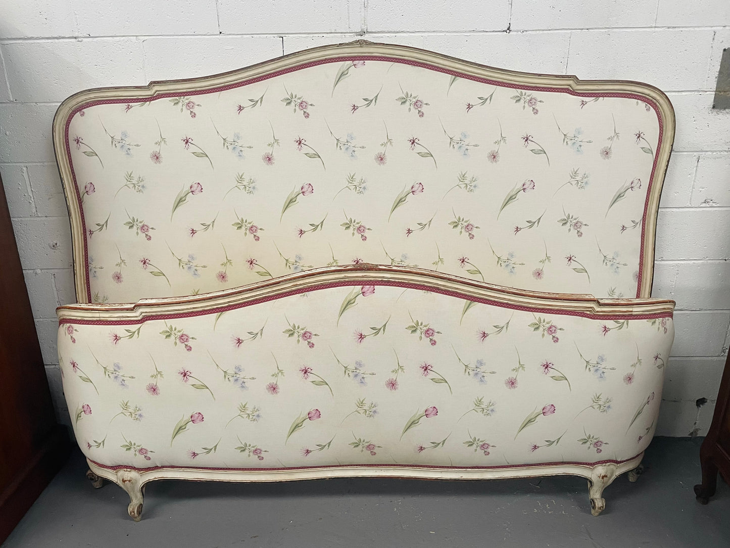 Queen size 19th Century Louis XV style hand painted upholstered bed. Sourced from France and comes with custom made slats.