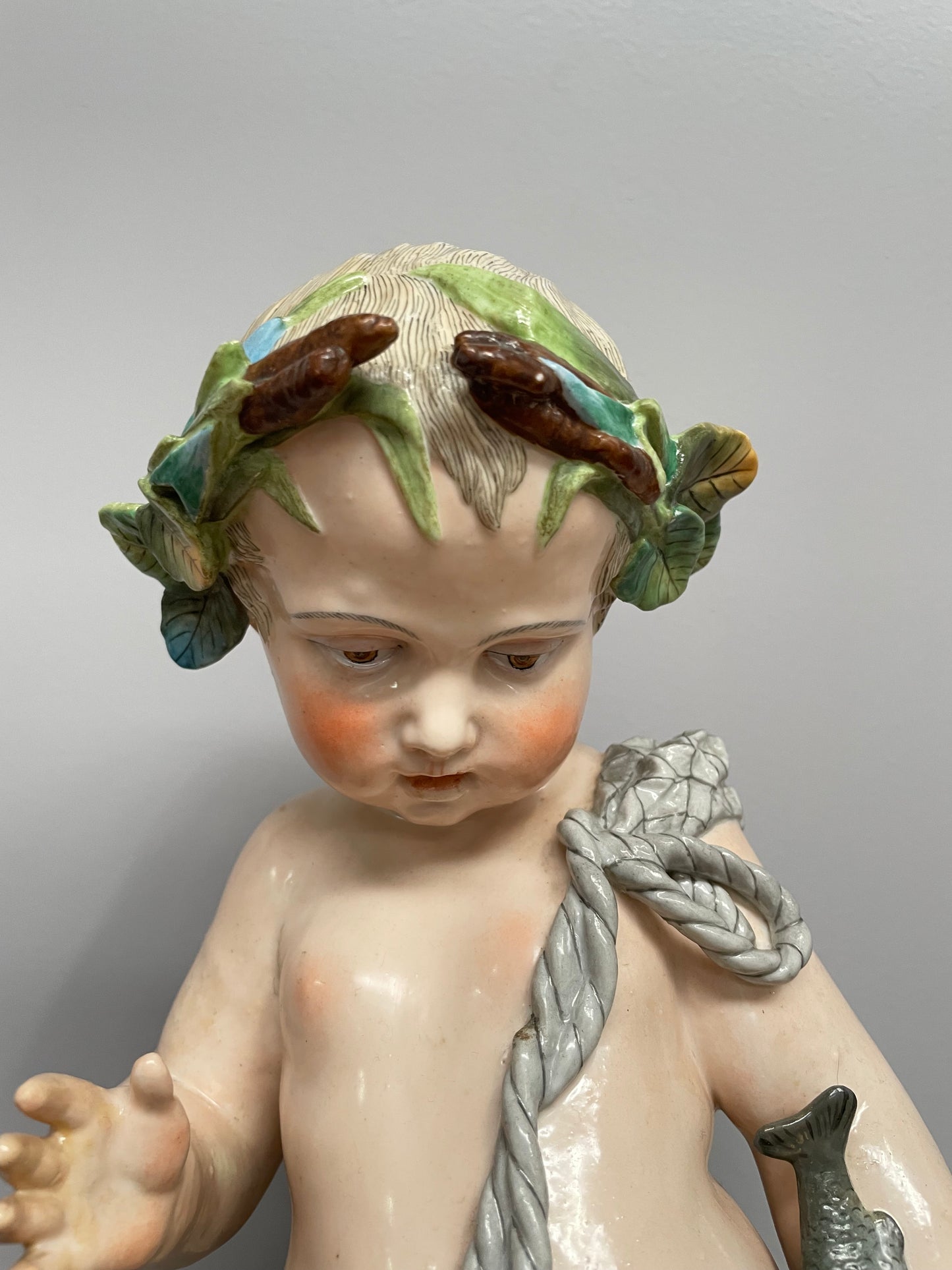 Lovely large Antique Meissen porcelain cherub statue underglaze blue mark late 18th/early 19th Century. It is in good original condition.