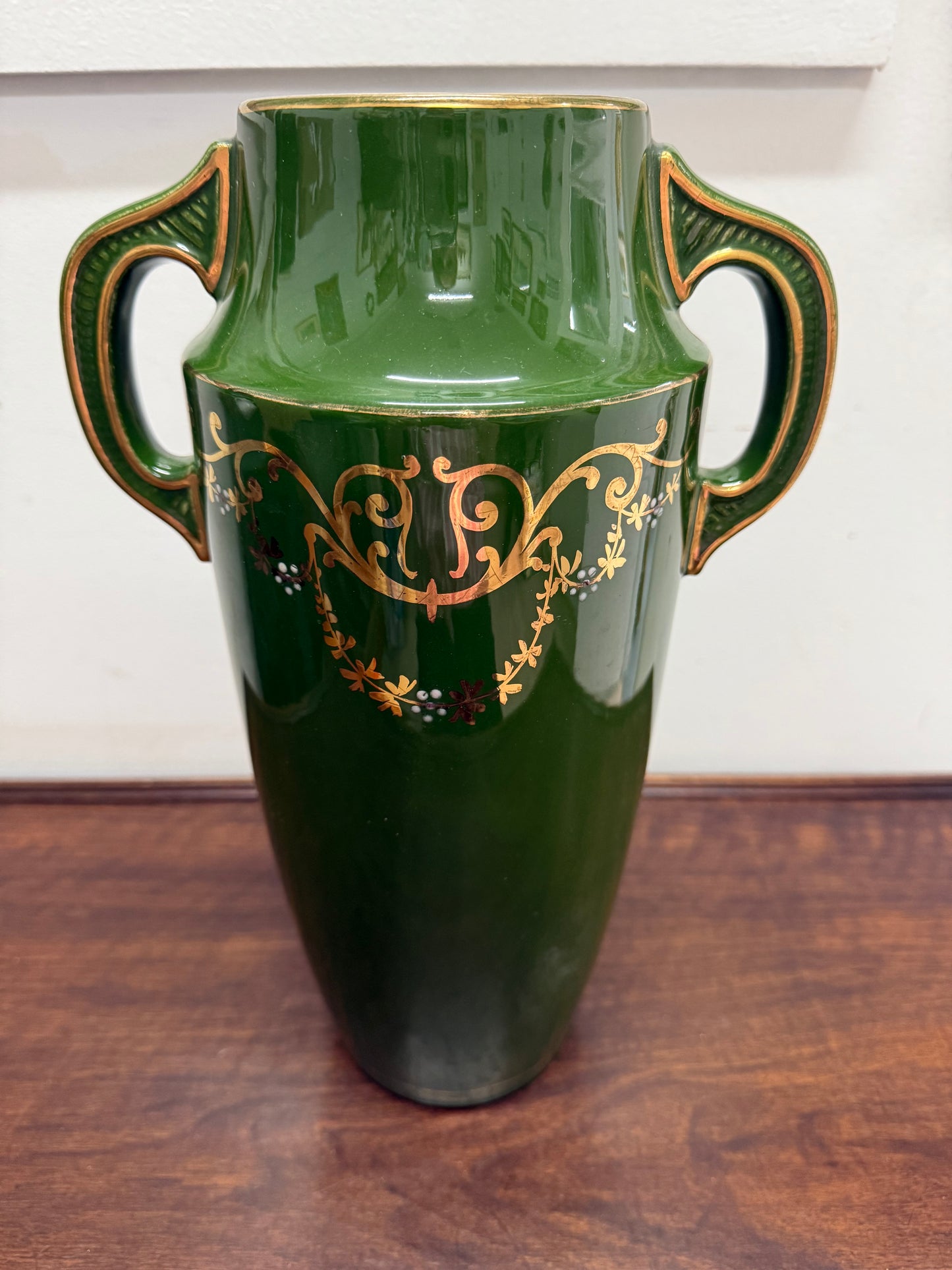Vintage Hand Painted Green & Gilt Pottery Vase