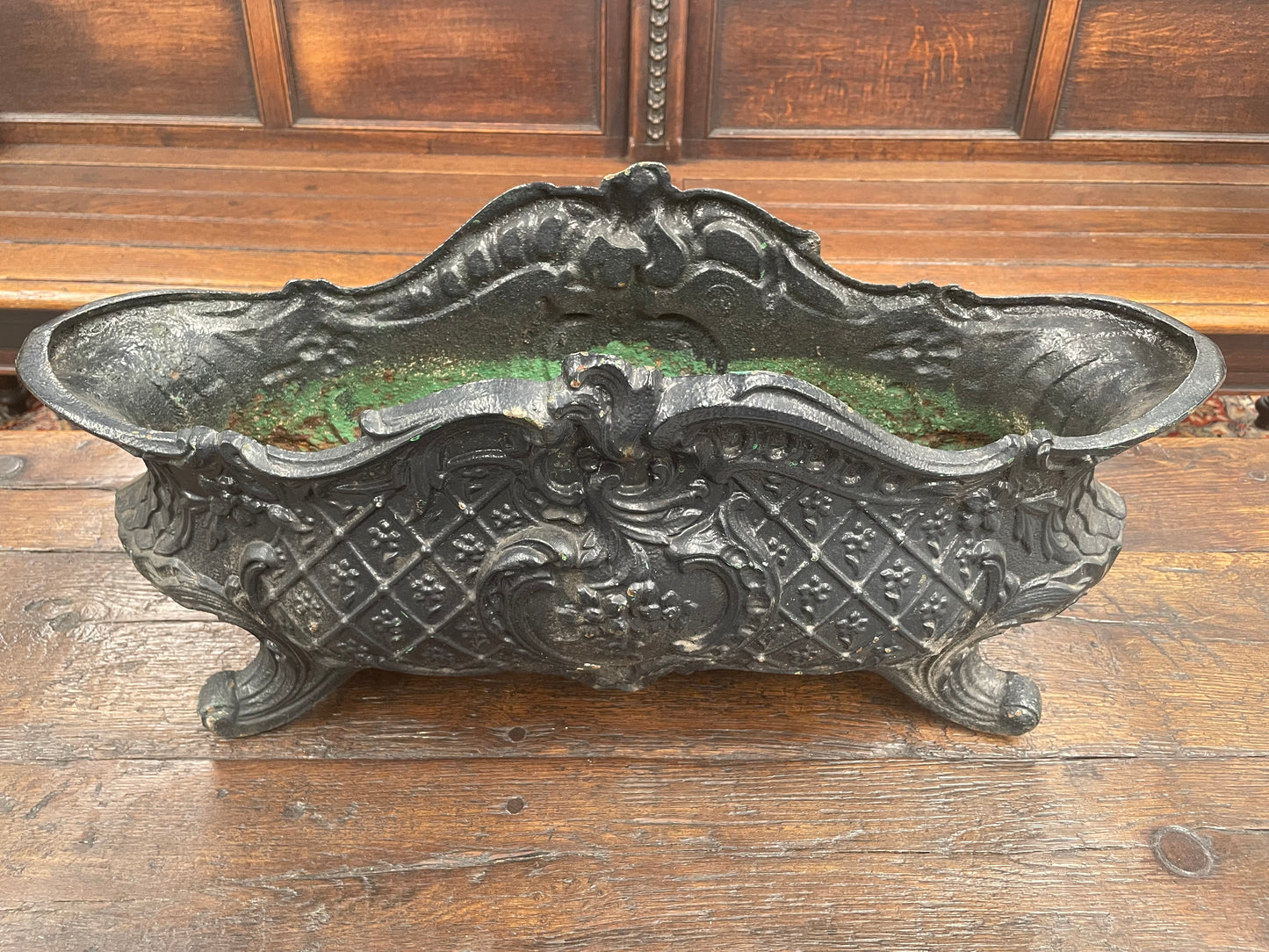 Highly decorative 19th Century French cast iron planter box with beautiful details. there are two matching pots available price is for one. They have been sourced directly from France and are in good original condition.