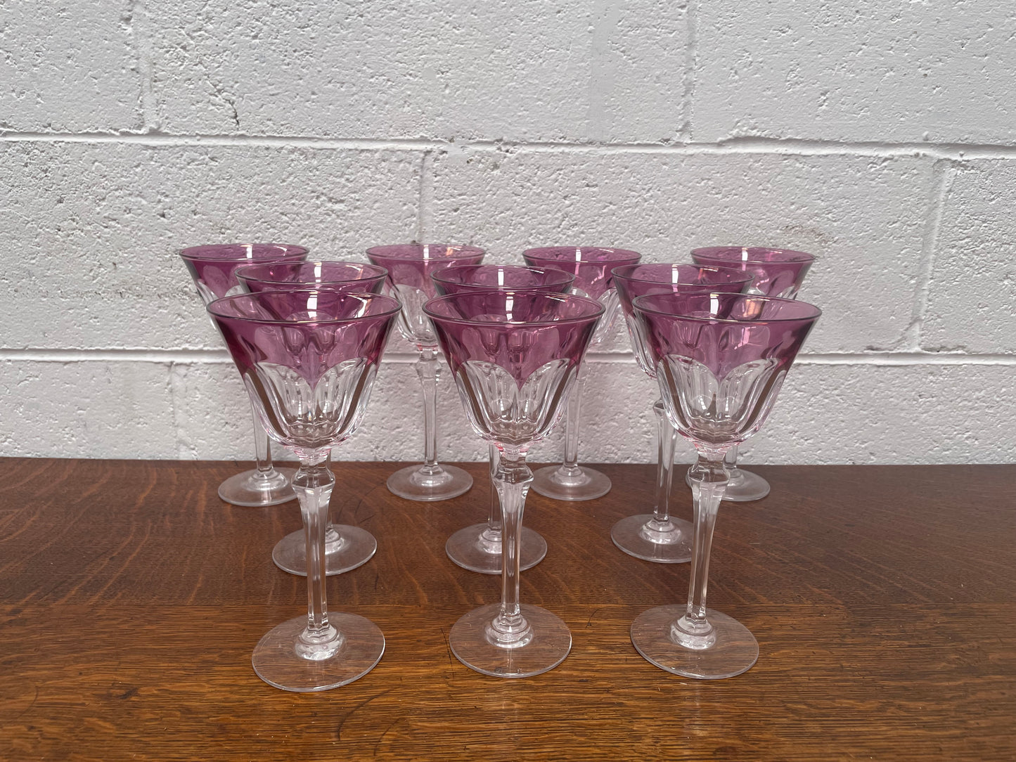 Set 10 Cut Crystal Amethyst Wine Glasses