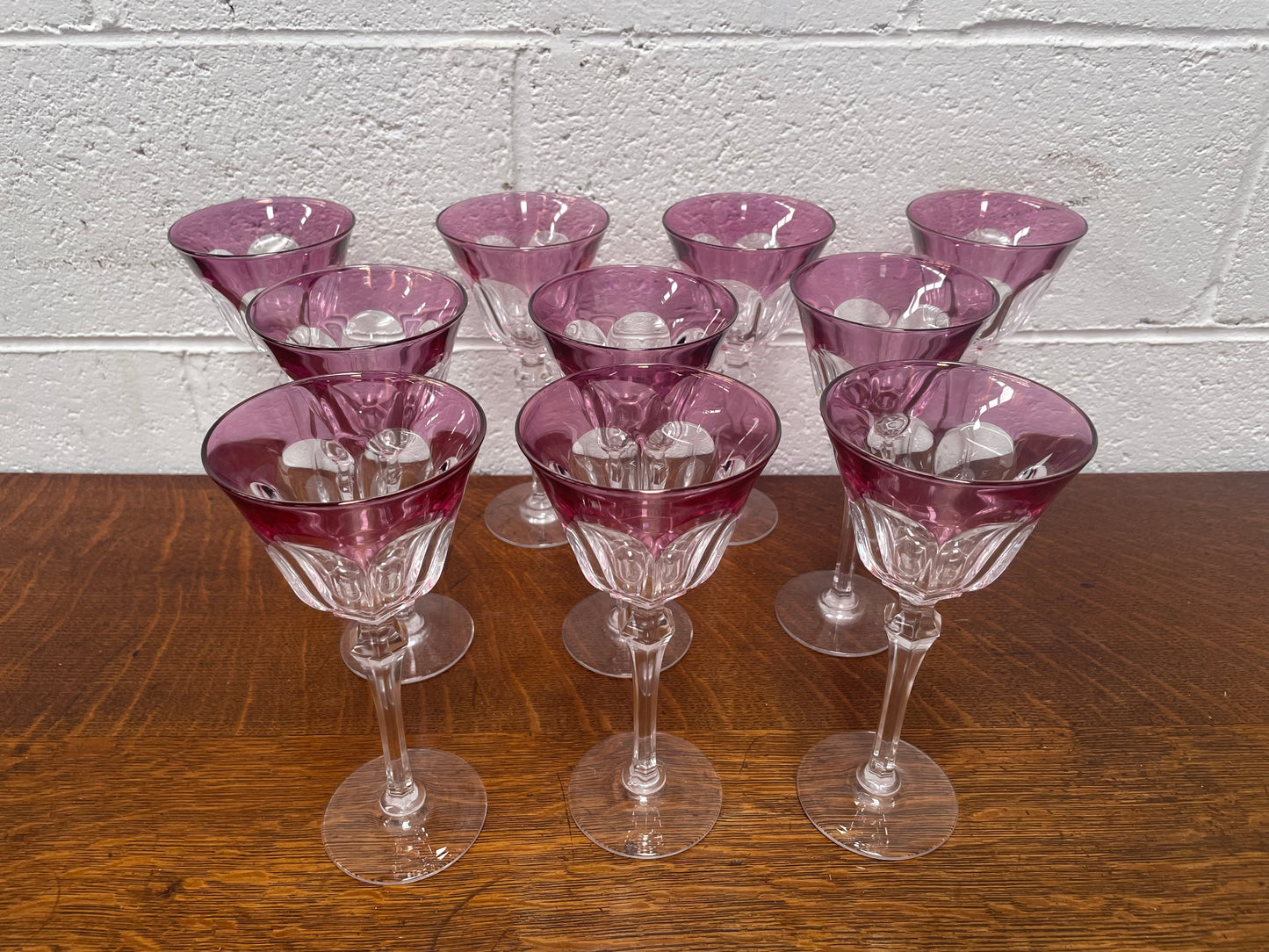 Set 10 Cut Crystal Amethyst Wine Glasses