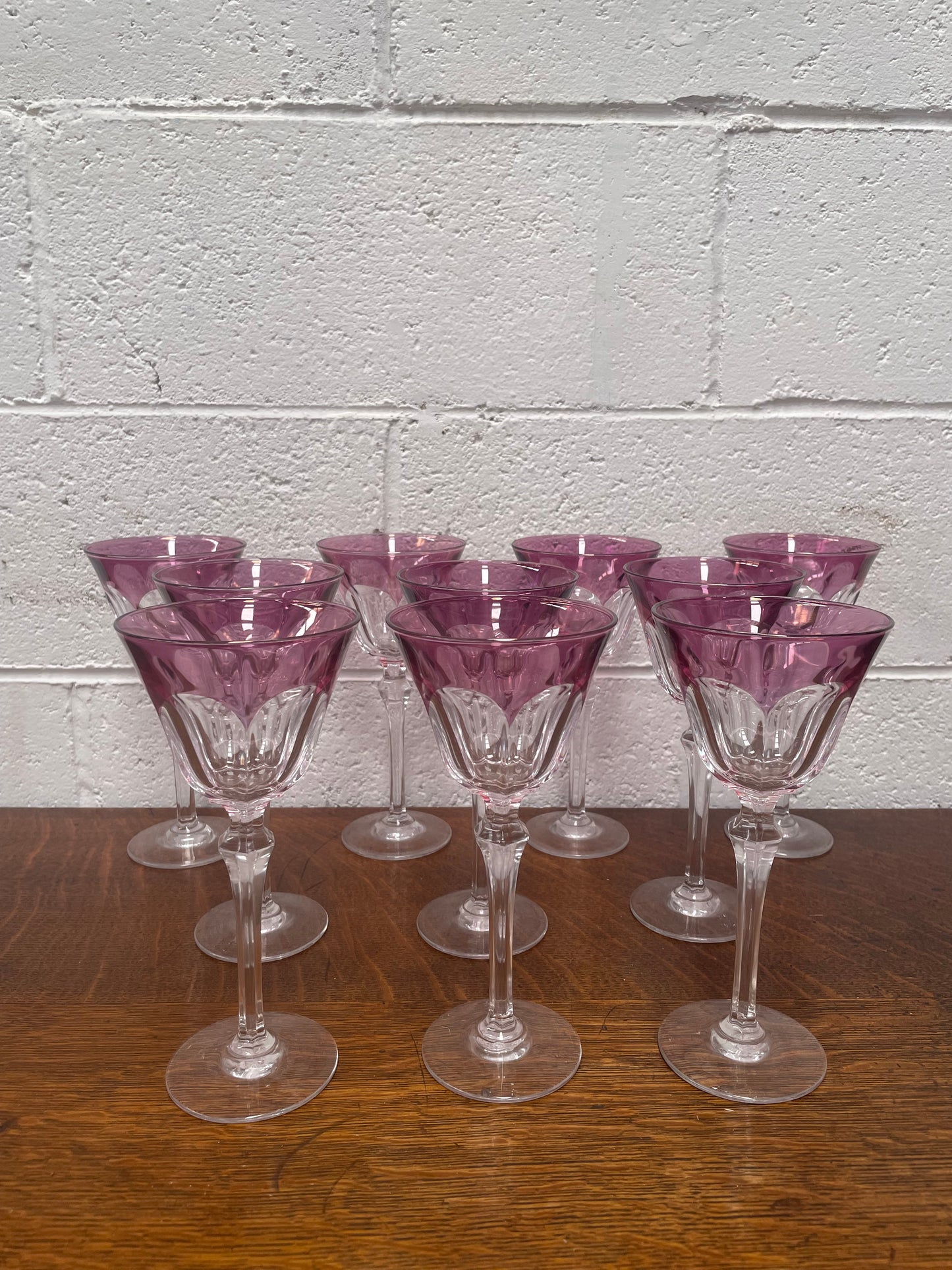 Set 10 Cut Crystal Amethyst Wine Glasses
