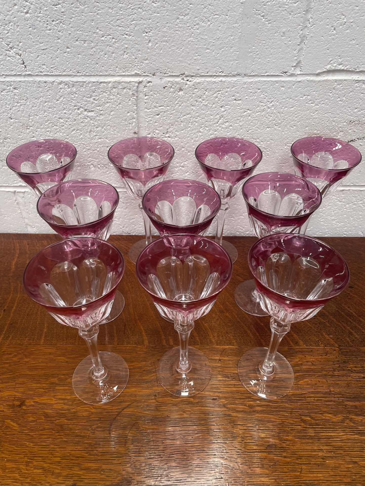 Set 10 Cut Crystal Amethyst Wine Glasses