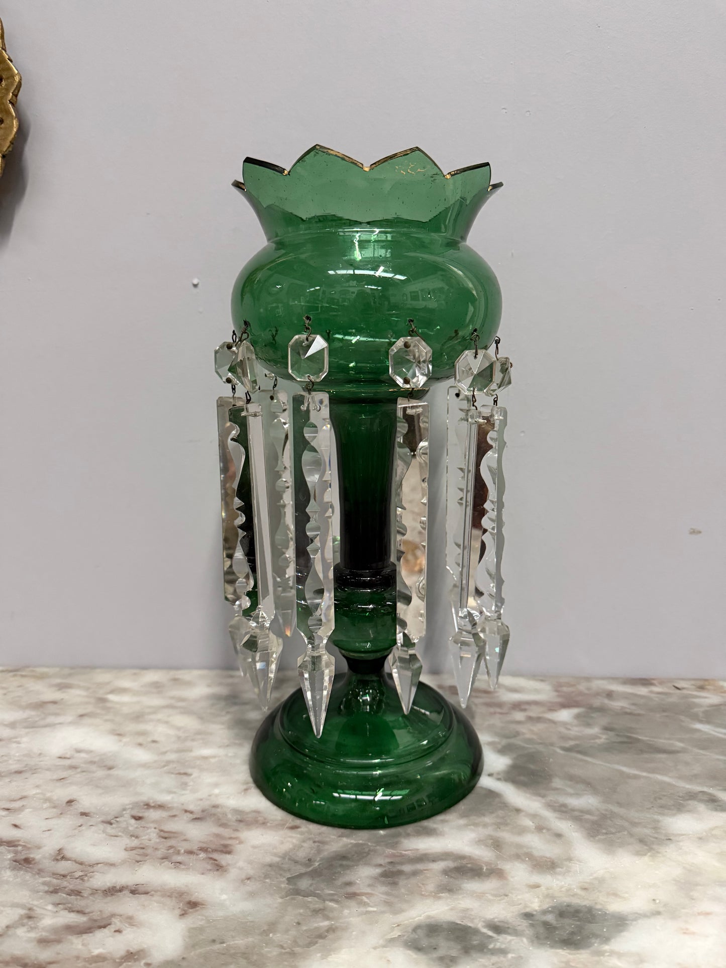 Victorian Green Glass & Crystal Drops Lustre Vase