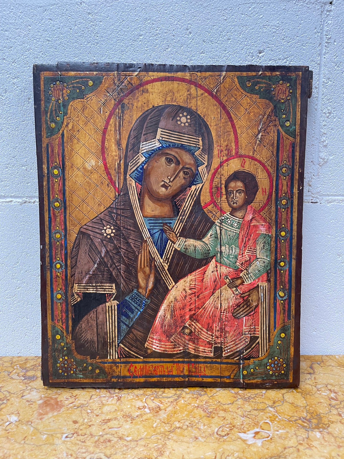 Fabulous Antique 19th Century Russian Icon of Tikhvinskaya "Mother of God "with Basma. In good original condition.