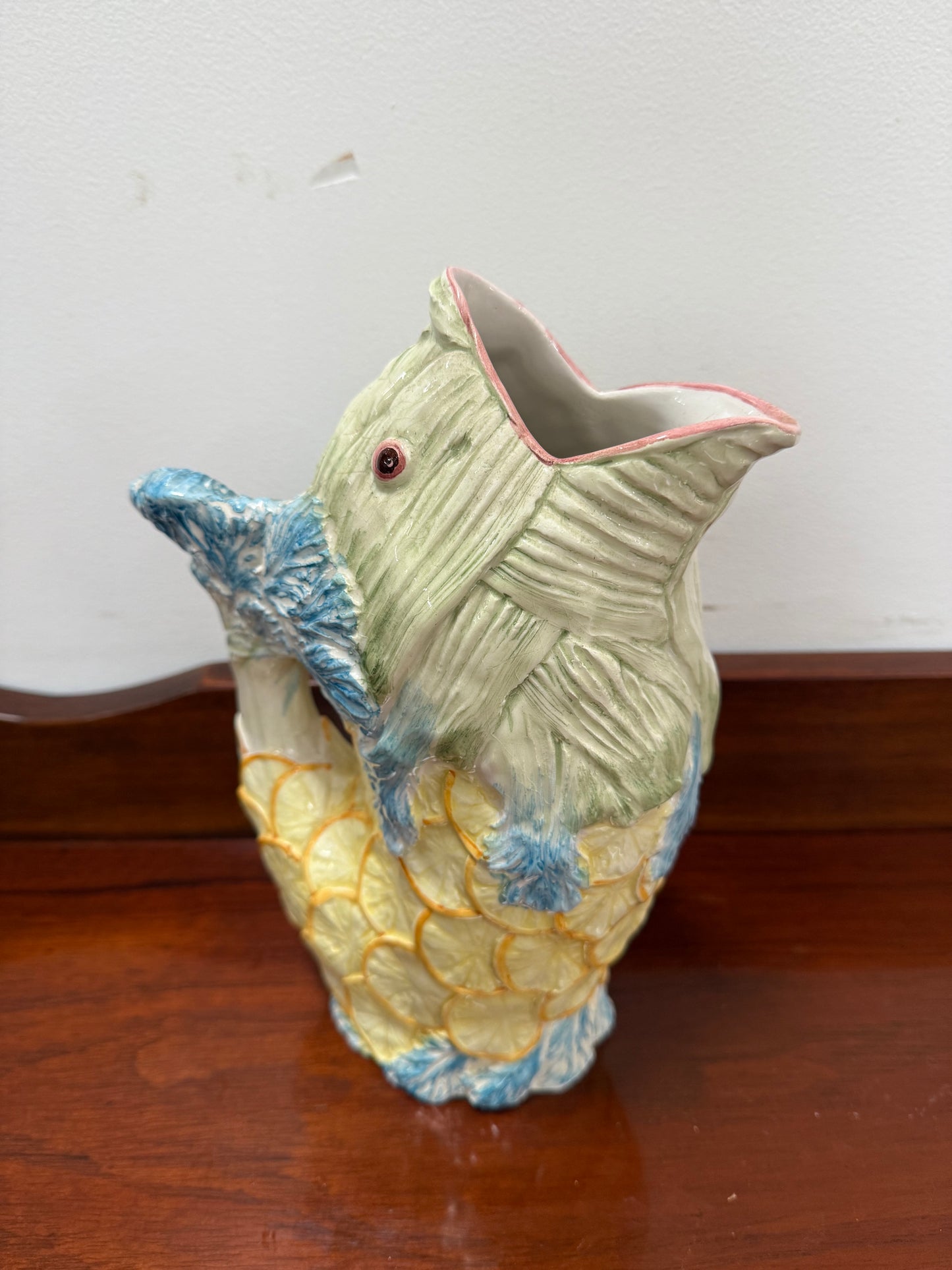 Vintage Hand Painted Italian Majolica Fish Gurgle Jug.
