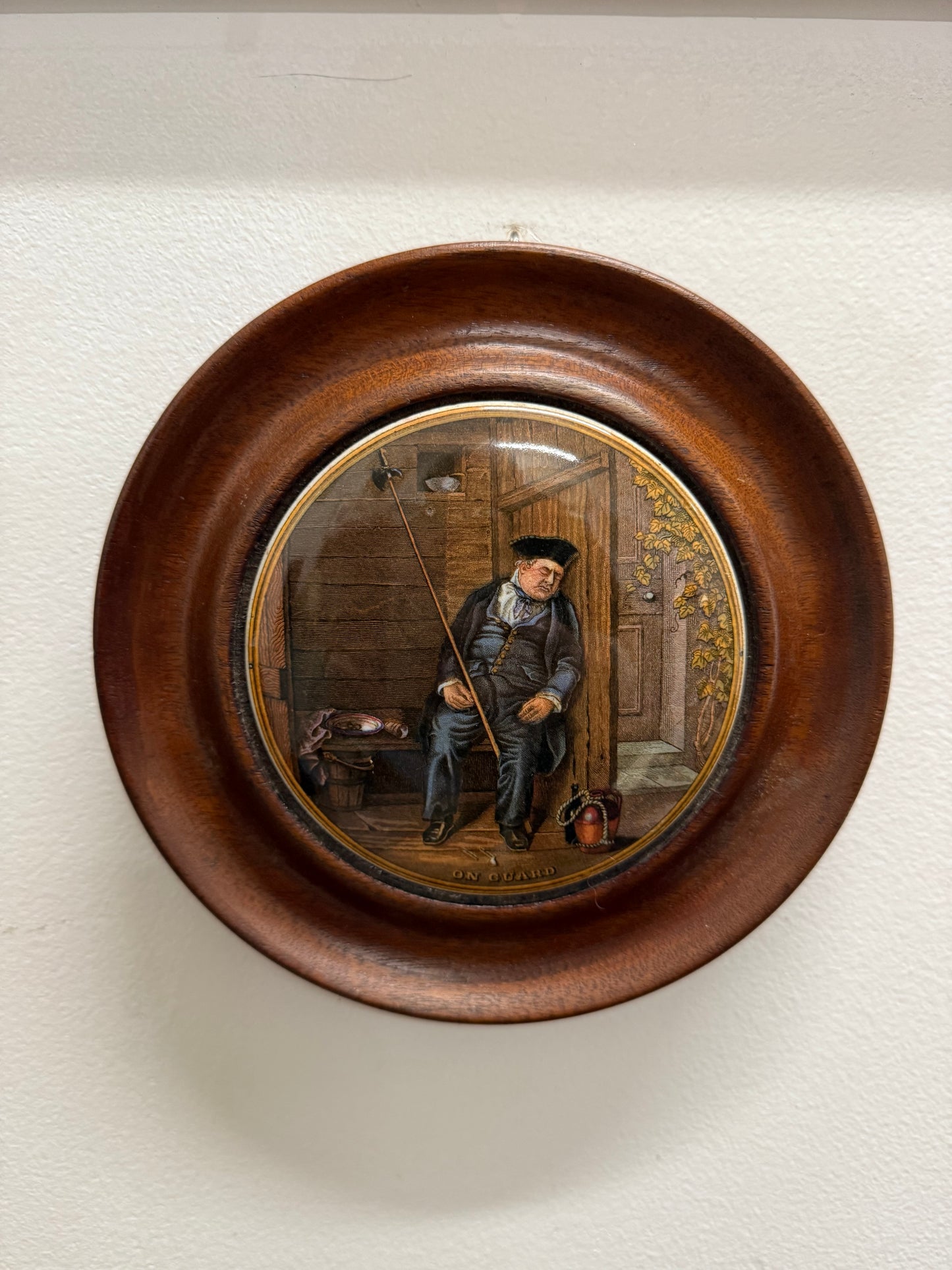 Antique Framed Pratt Ware Pot Lid "On Guard"