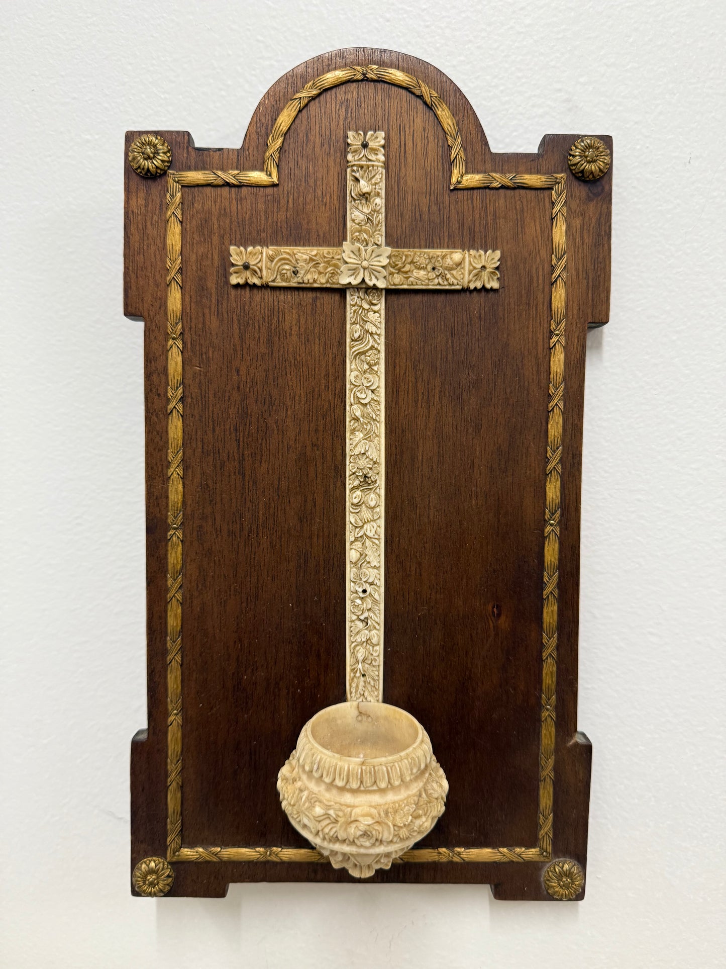Antique Hand Carved Crucifix / Font On Walnut Back
