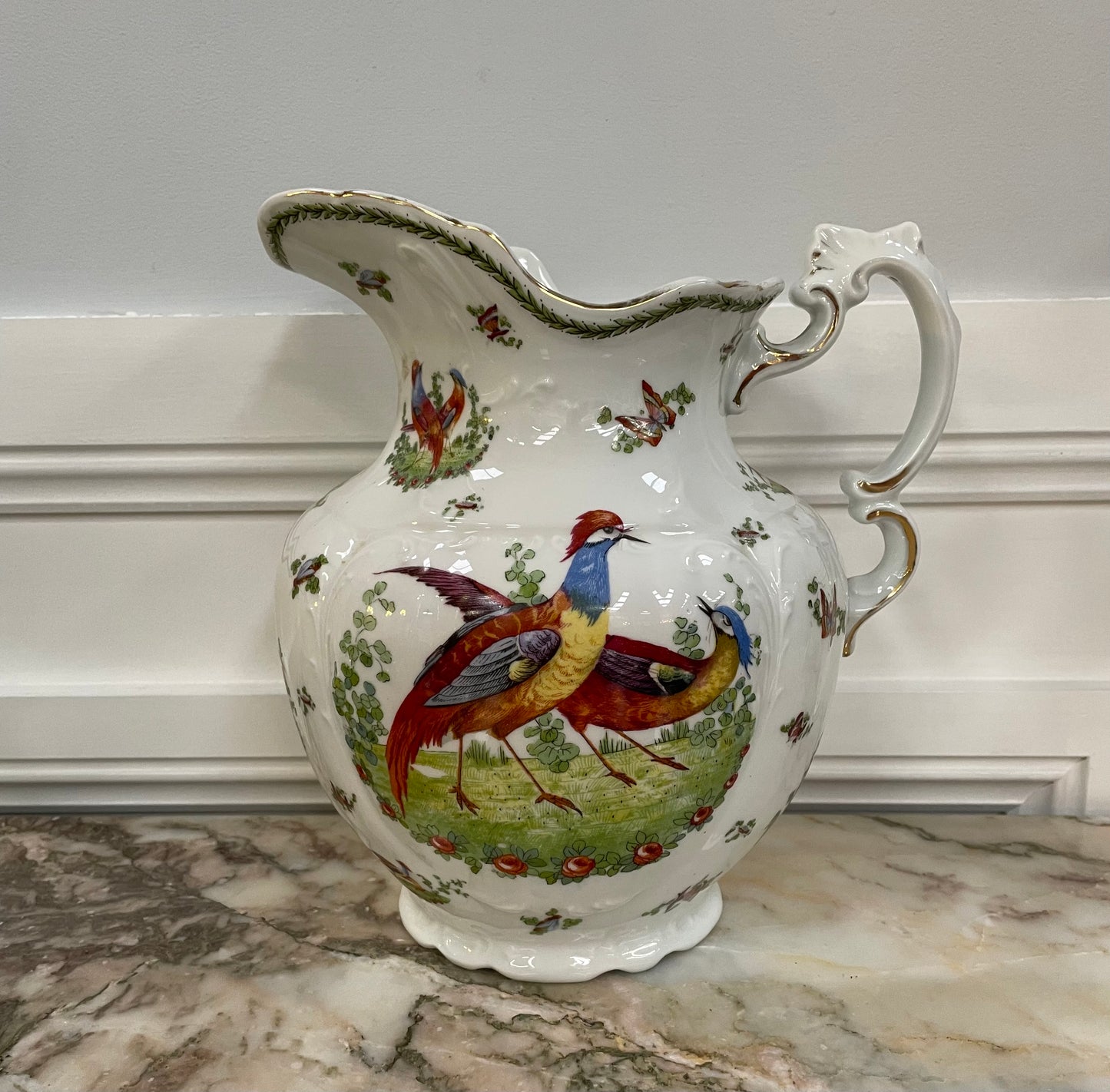 Vintage Large China Jug Decorated with Pheasants.