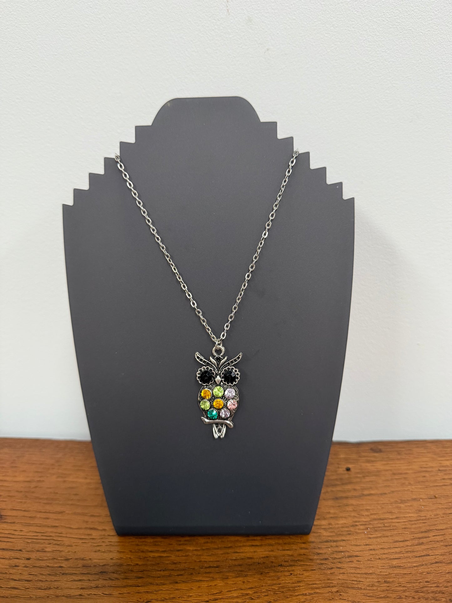 Silver Coloured Owl Pendant With Coloured Stones & Chain