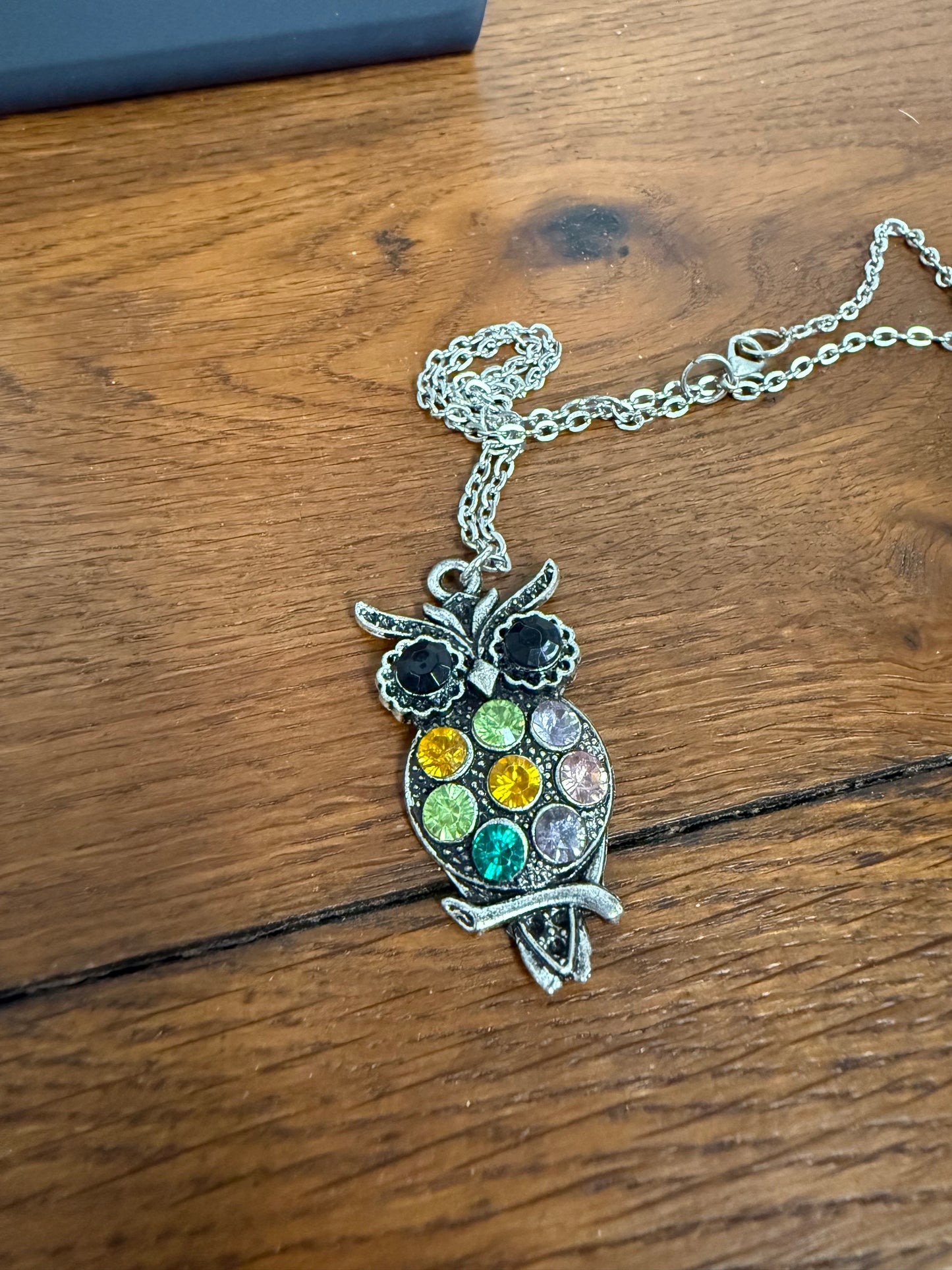 Silver Coloured Owl Pendant With Coloured Stones & Chain