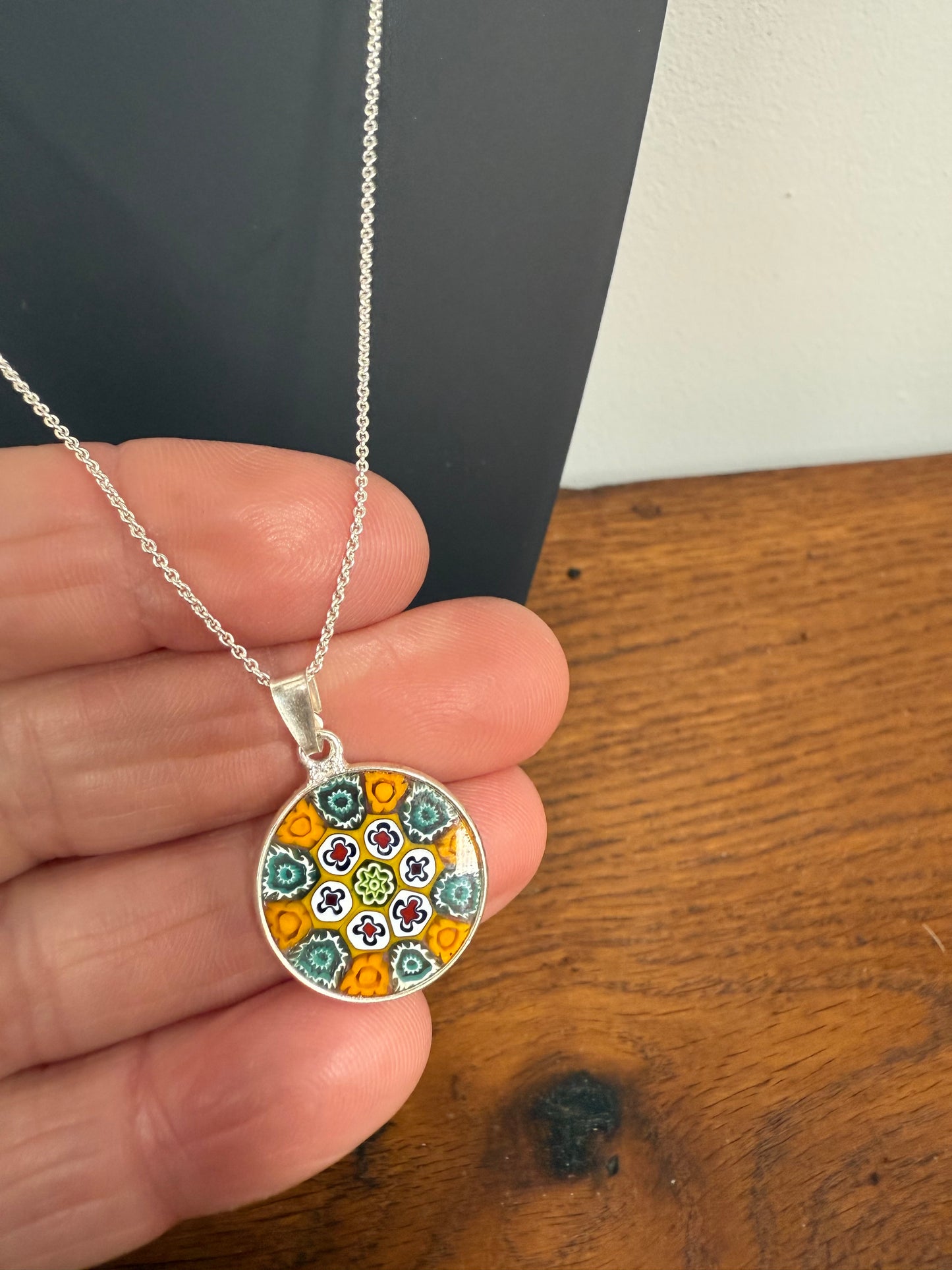 Vintage 925 Silver & Murano Millefiori Glass Pendant & Chain