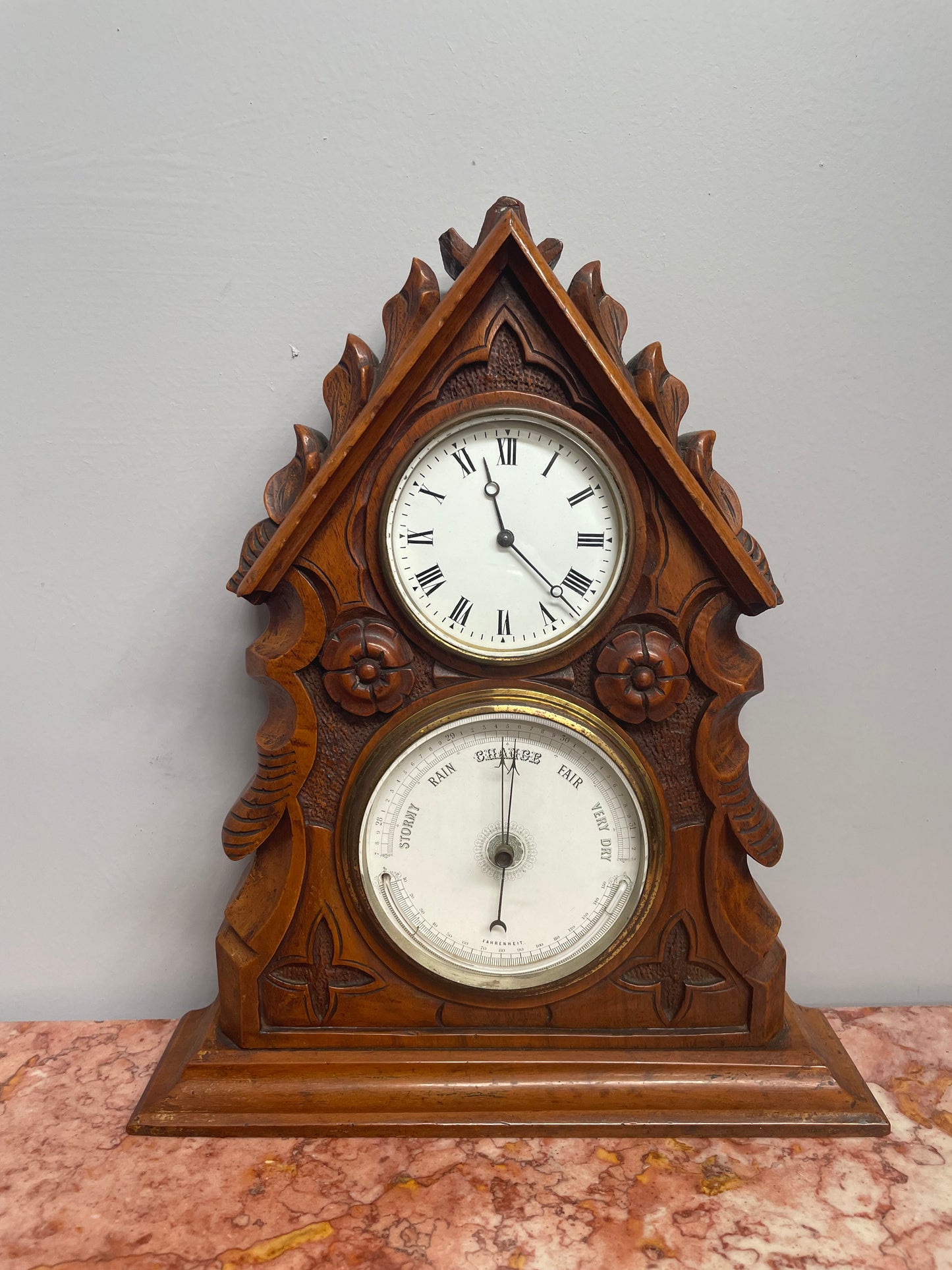Late Victorian Gothic clock and Barometer