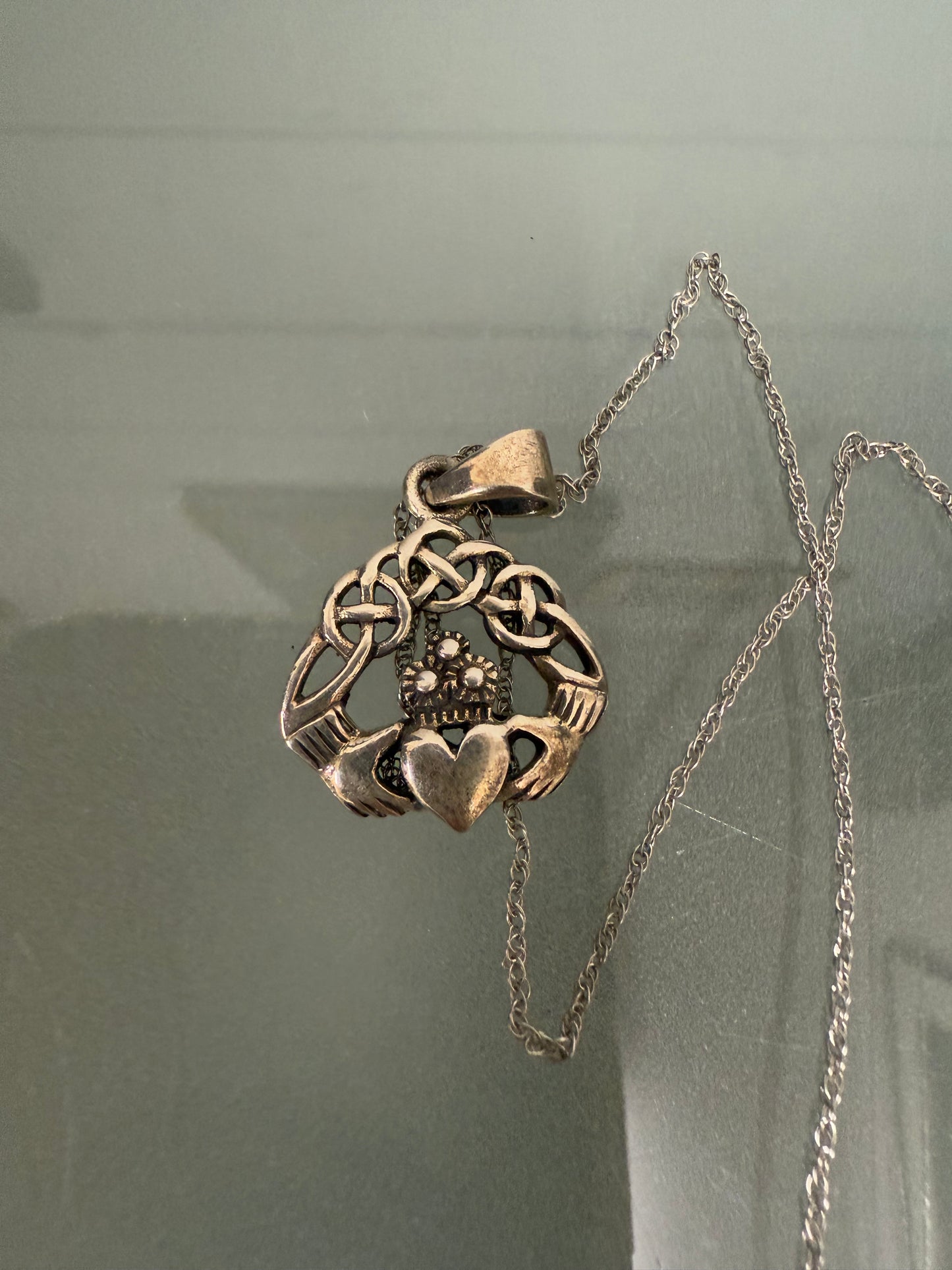 Vintage Sterling Silver Claddagh Style Pendant & Chain