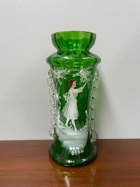 Antique Victorian Mary Gregory Green Tall Vase Hand Painted