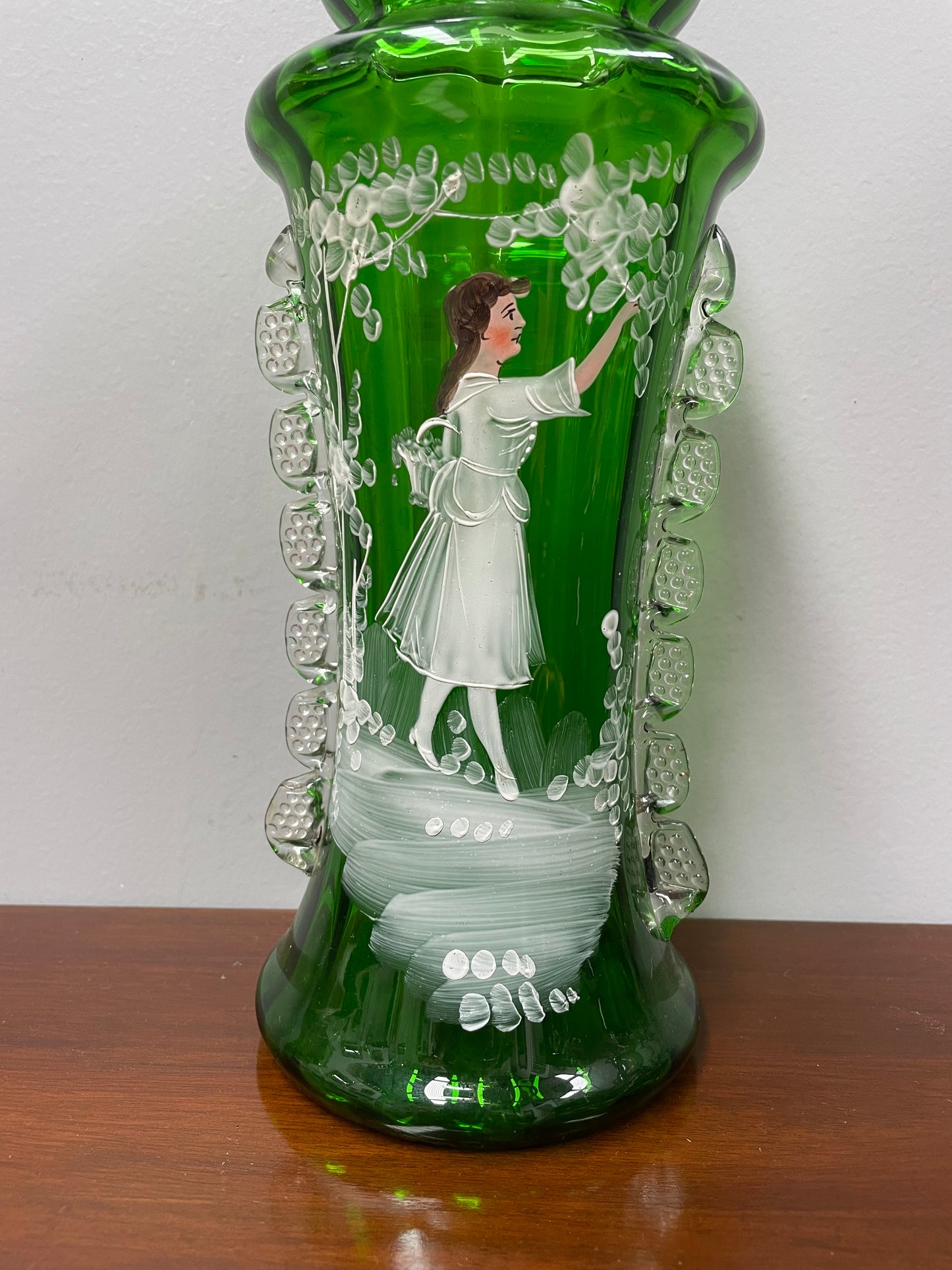 Antique Victorian Mary Gregory Green Tall Vase Hand Painted