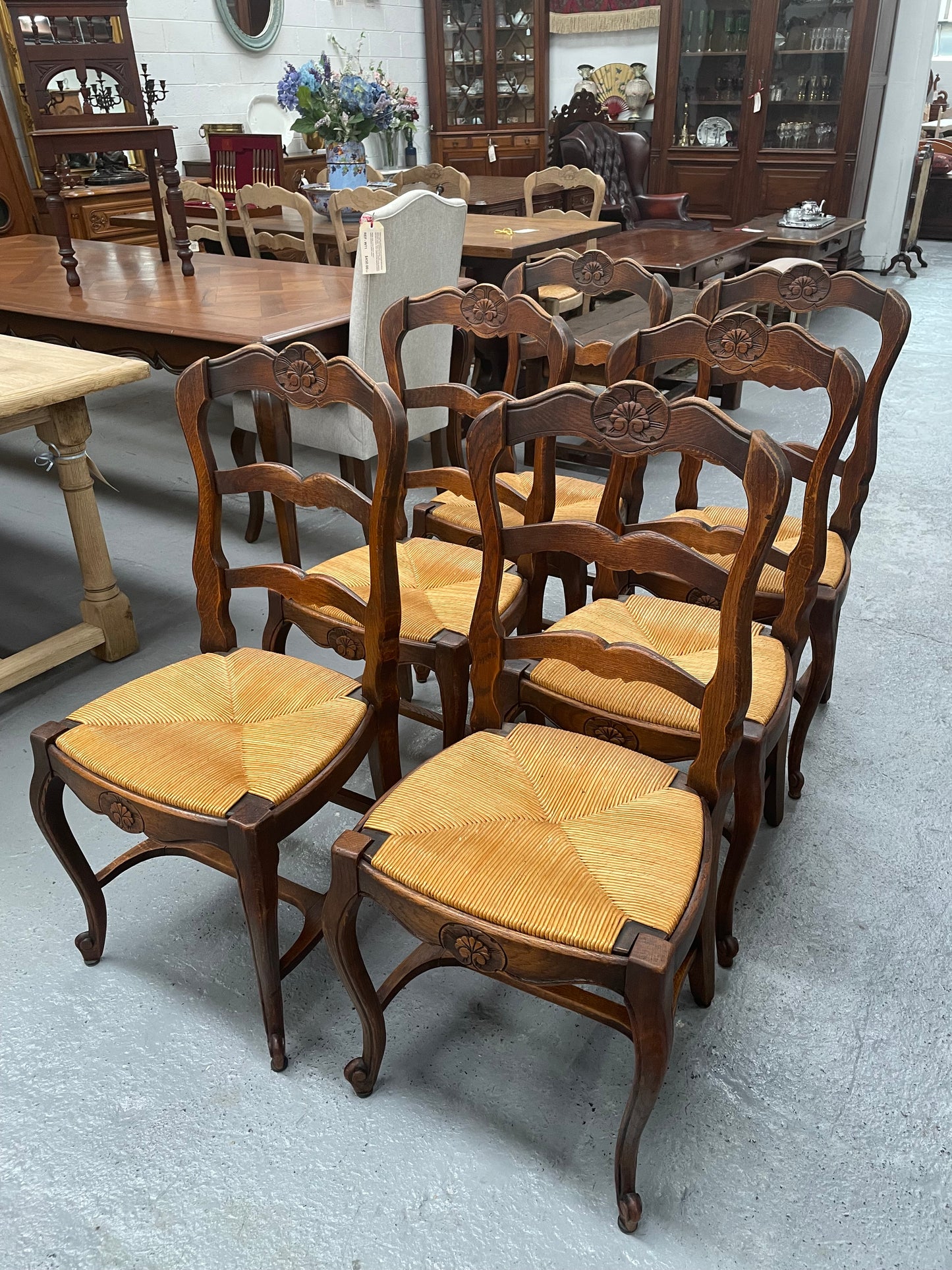 Set of Six French Oak Rush Seat Dining Chairs