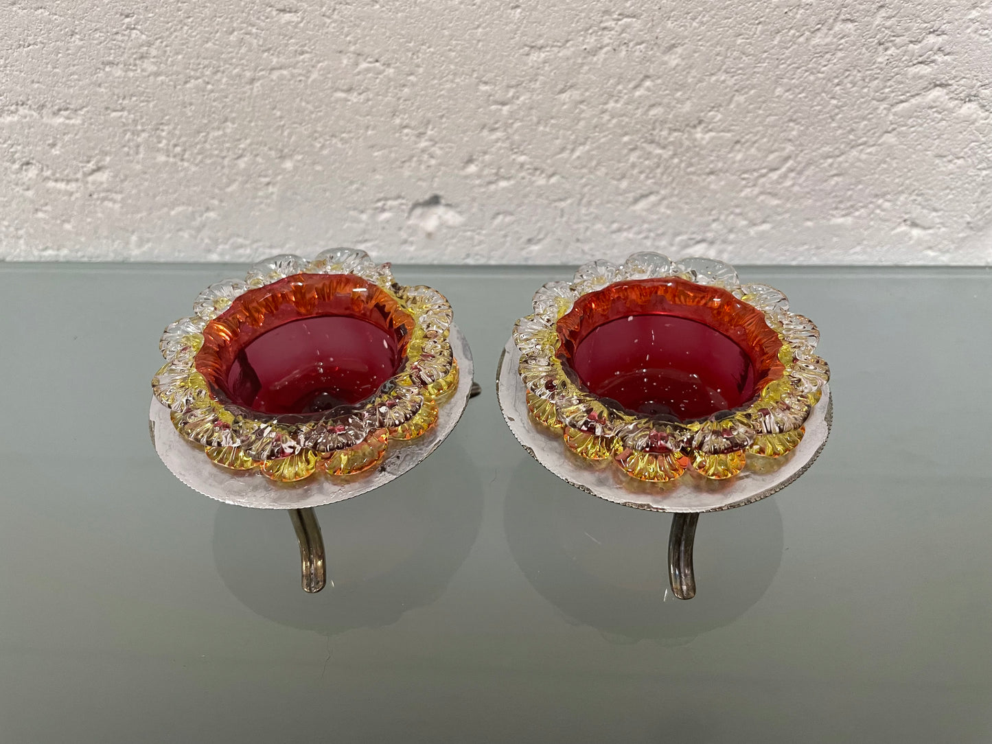 Lovely pair of Antique ruby and citrine glass salts in as found condition. Please view photos as they help form part of the description.