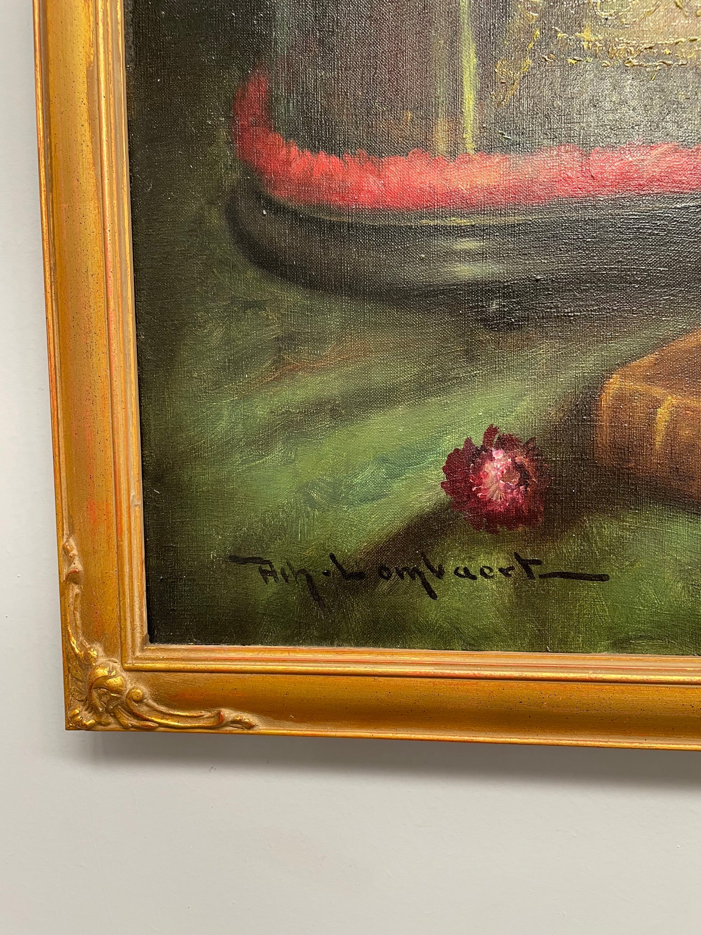 Beautiful French canvas painting of flowers and a bible framed in a lovely gold frame. It is in good original condition.