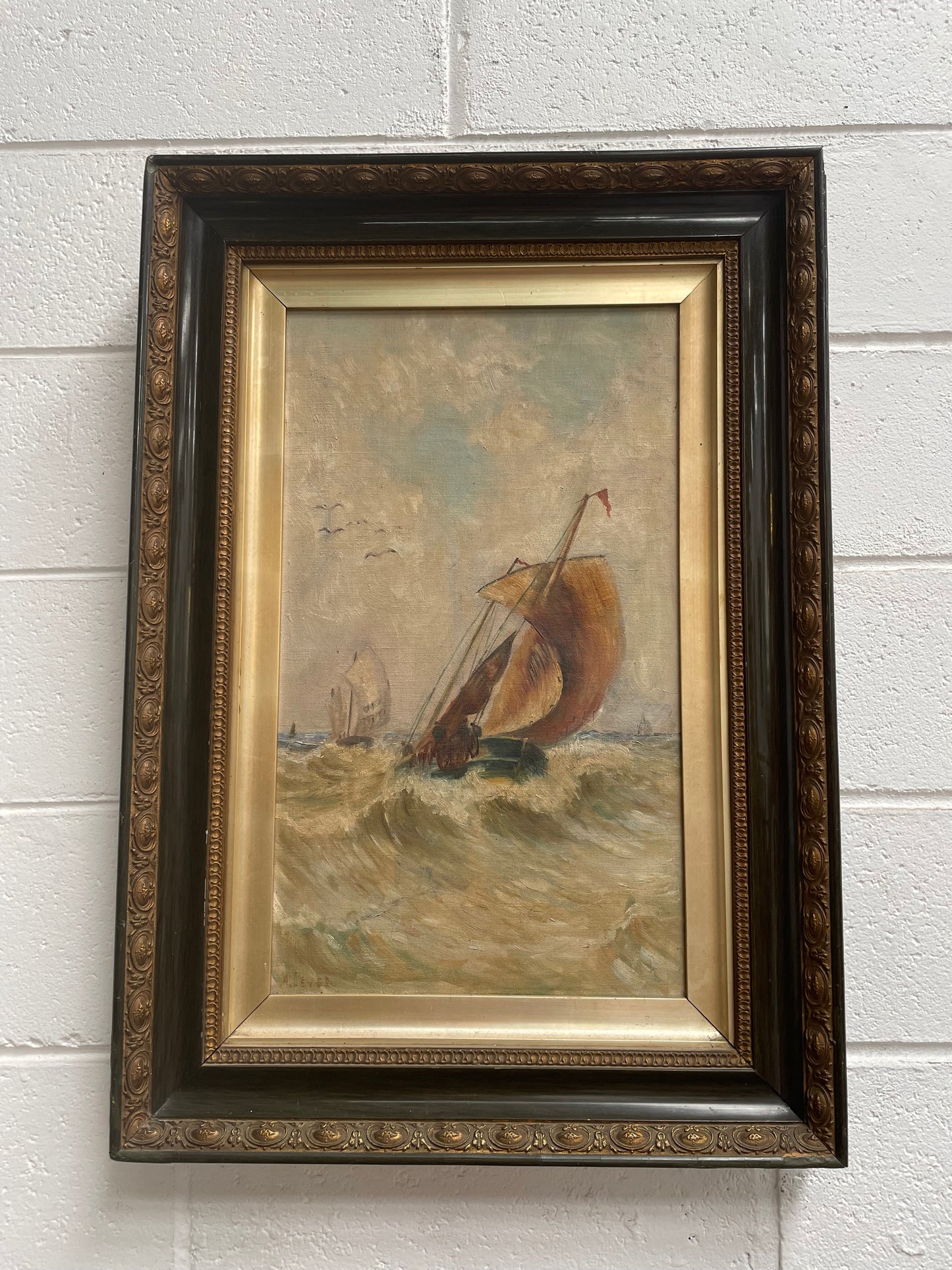 Lovely Antique "Marine Scene" oil on canvas framed in a pretty ornate frame.