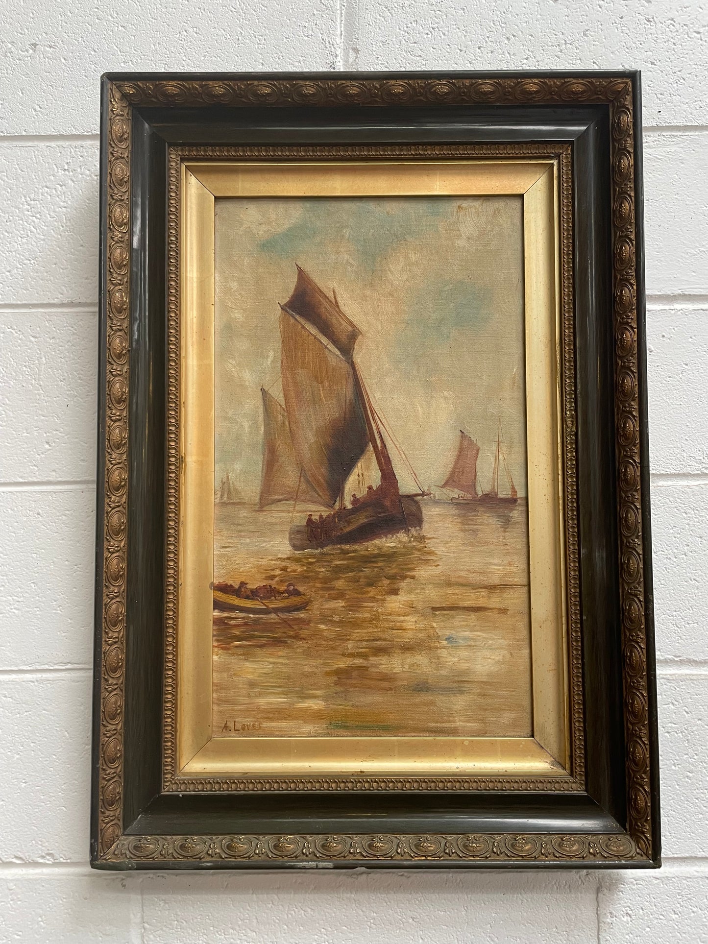 Lovely Antique "Marine Scene" oil on canvas framed in a pretty ornate frame. Please see all photos as they help form part of the description and condition.