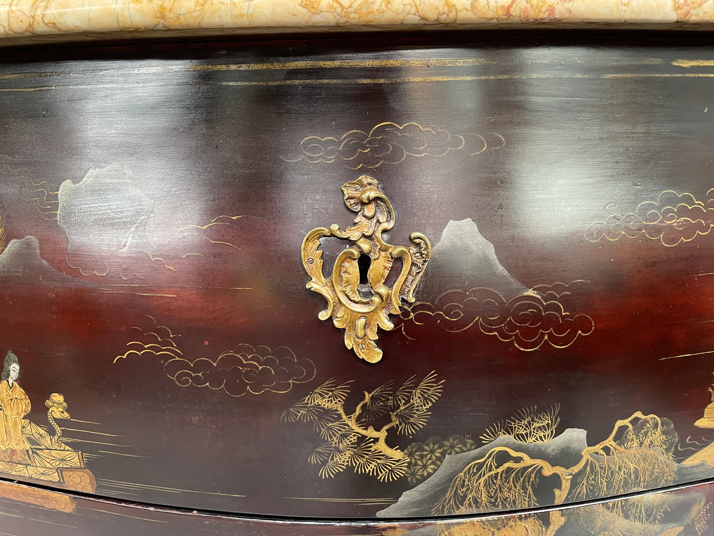 A stunning Antique Louis XV style Chinoiseries marble top two drawer commode with beautiful hand painted decorative details throughout. It has quality decorative ormolu mounts and handles. It is in good original detailed condition.