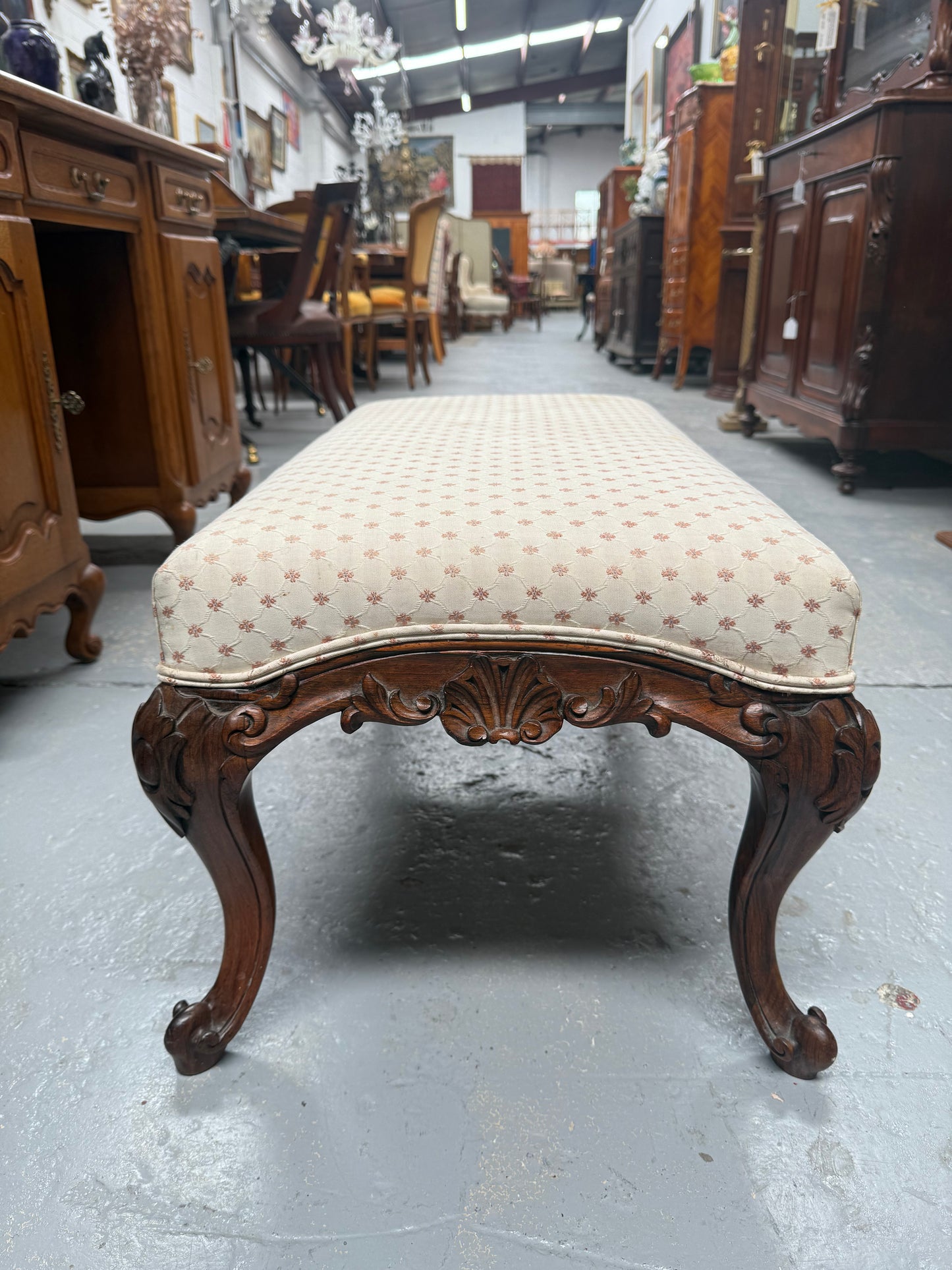 Antique 19th Century French Carved Walnut & Upholstered Stool