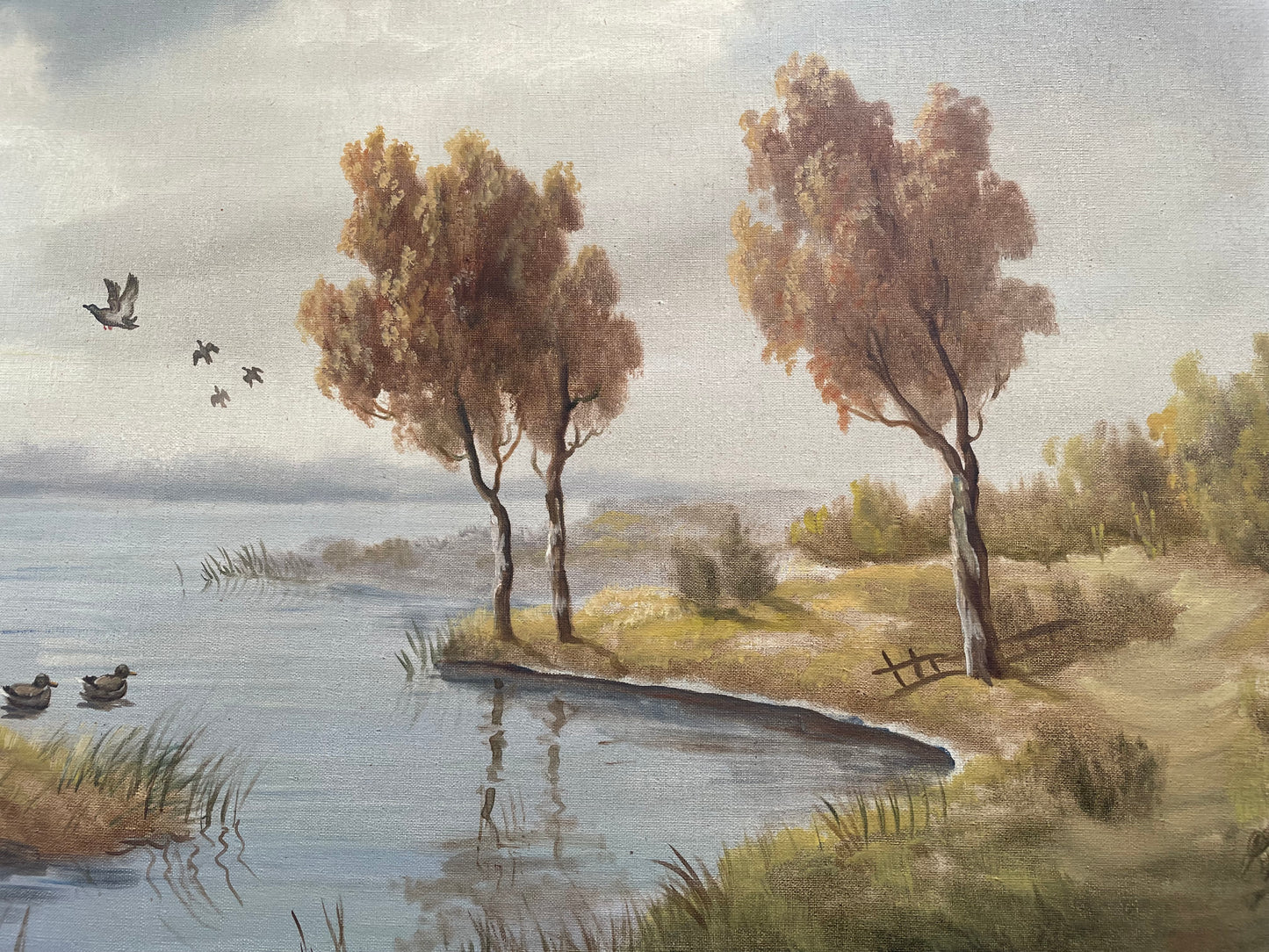 Beautiful large French oil on canvas landscape of a peaceful river scene featuring ducks and trees in a ornate gold frame. Sourced from France and in good original condition.