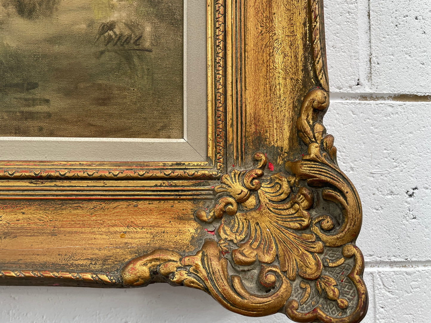 Beautiful large French oil on canvas landscape of a peaceful river scene featuring ducks and trees in a ornate gold frame. Sourced from France and in good original condition.
